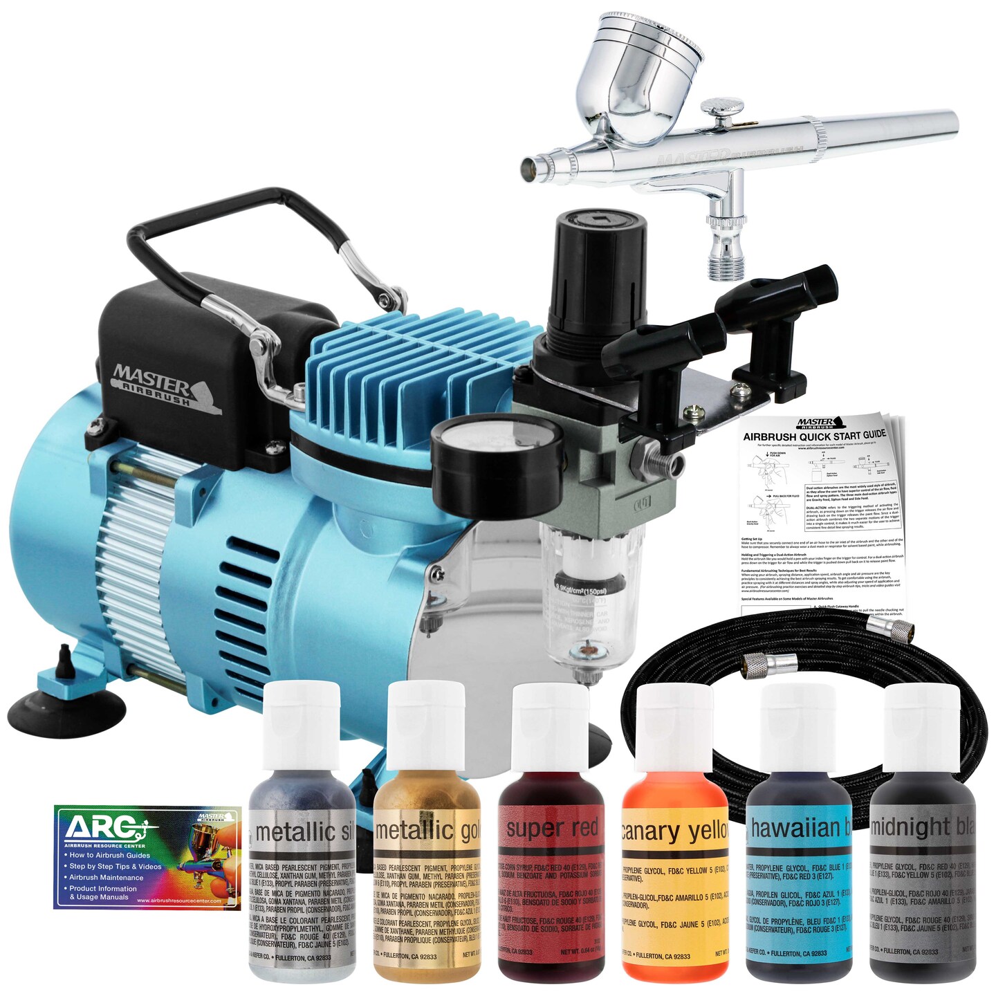 Professional Master Airbrush Cake Decorating Airbrushing System Kit, 6 Color Chefmaster Food Coloring Set, G22 Gravity Feed Airbrush &#x26; Air Compressor