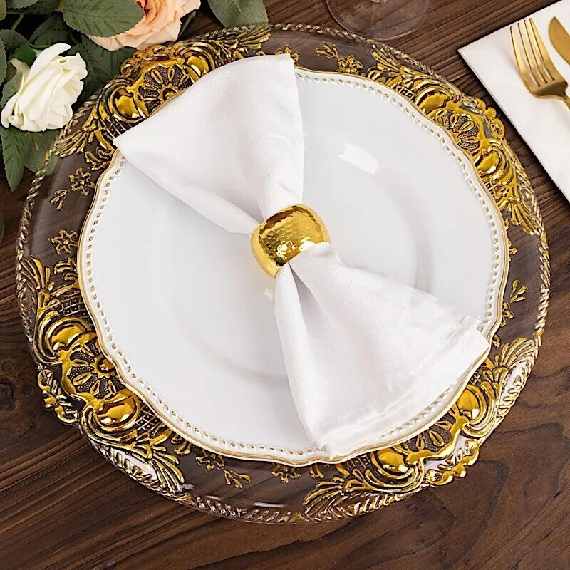 CLEAR 6 Round 13&#x22; Plastic CHARGER PLATES GOLD Embossed Rim