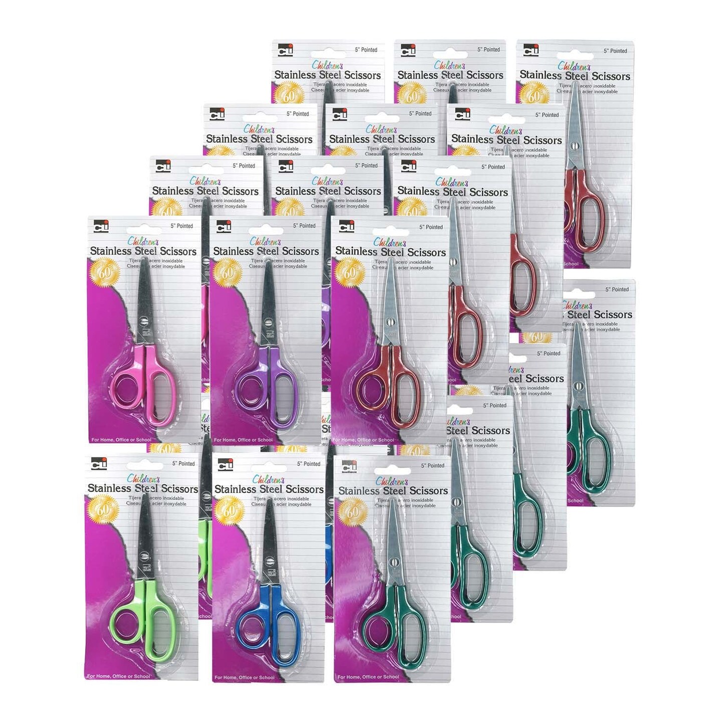 Children&#x27;s 5&#x22; Scissors, Pointed Tip, Assorted Colors, Pack of 24