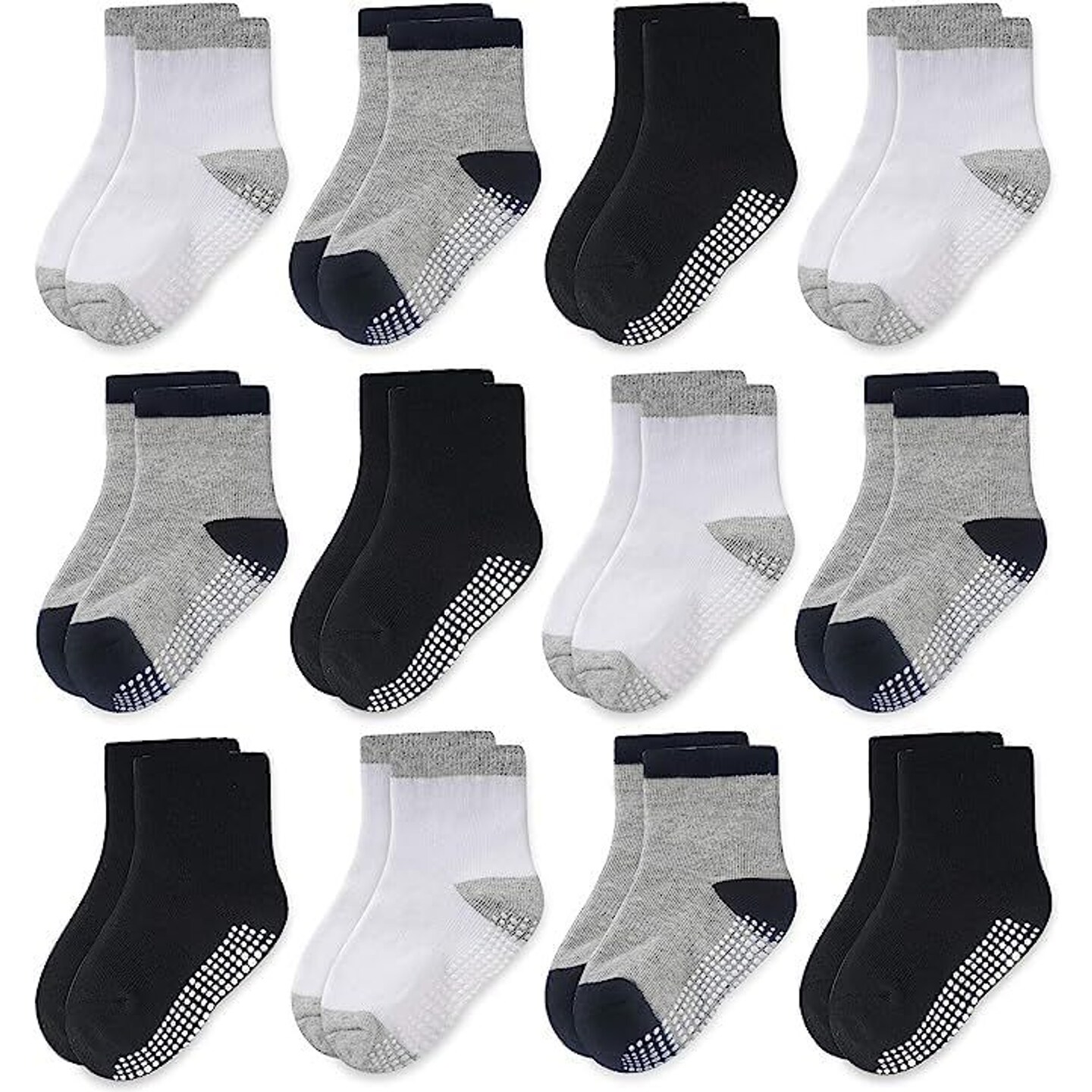 CozyWay Non-Slip Crew Grip Infant Socks, 12 Pack for Boys, Black/White/Gray with Black or Gray Heel, 6-12 Months