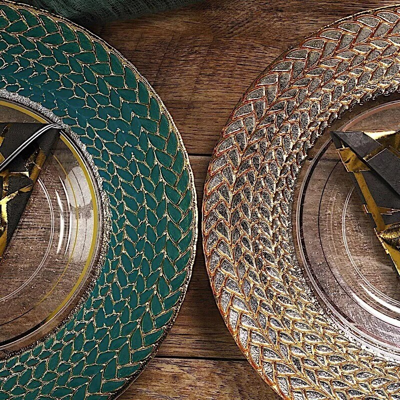 8 GOLD SILVER BRAIDED RIM 13&#x22; Round Clear Glass Charger Plate