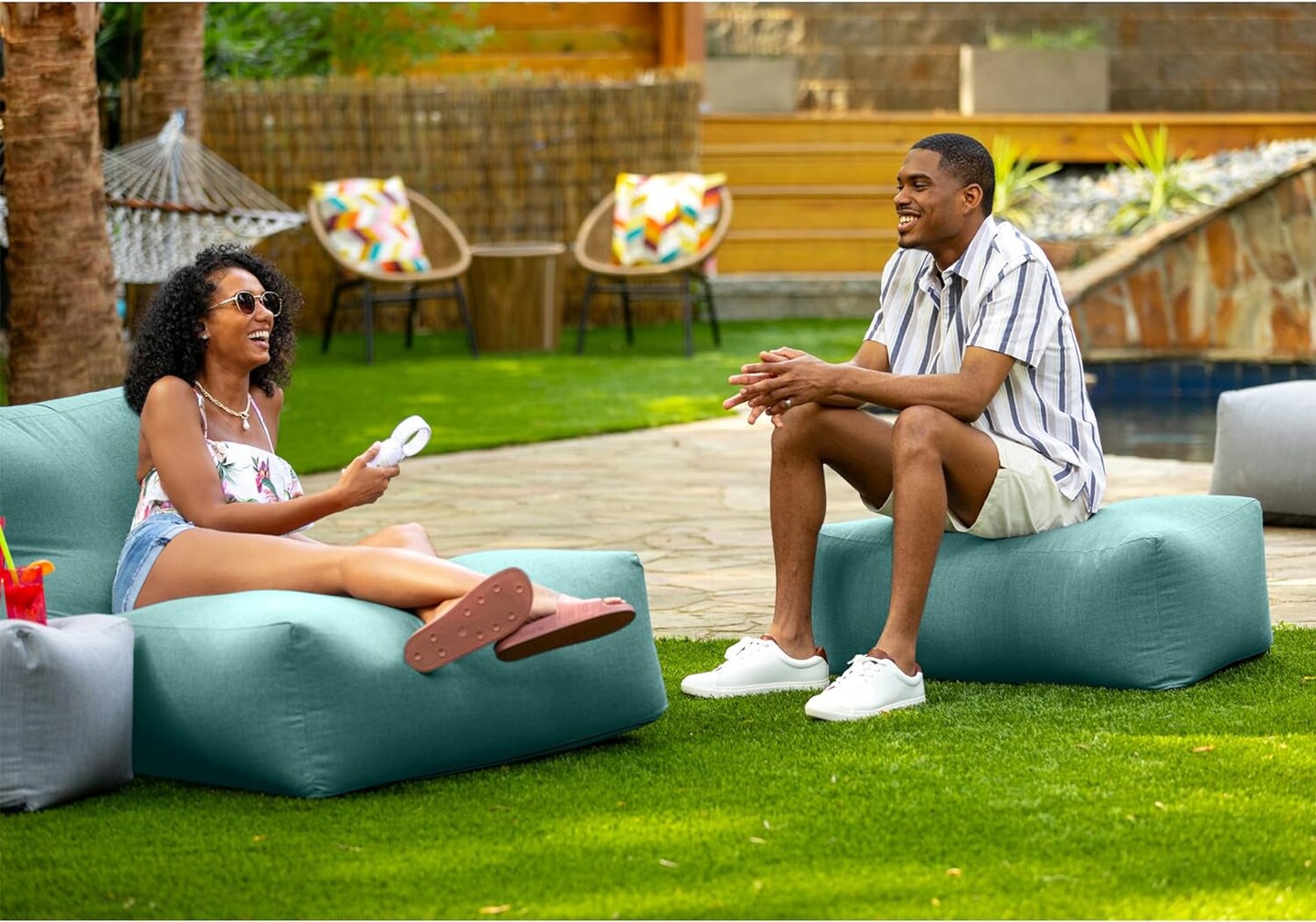 Coza Ottoman - Large Outdoor Pouf &#x26; Footrest - Sunbrella, Breeze