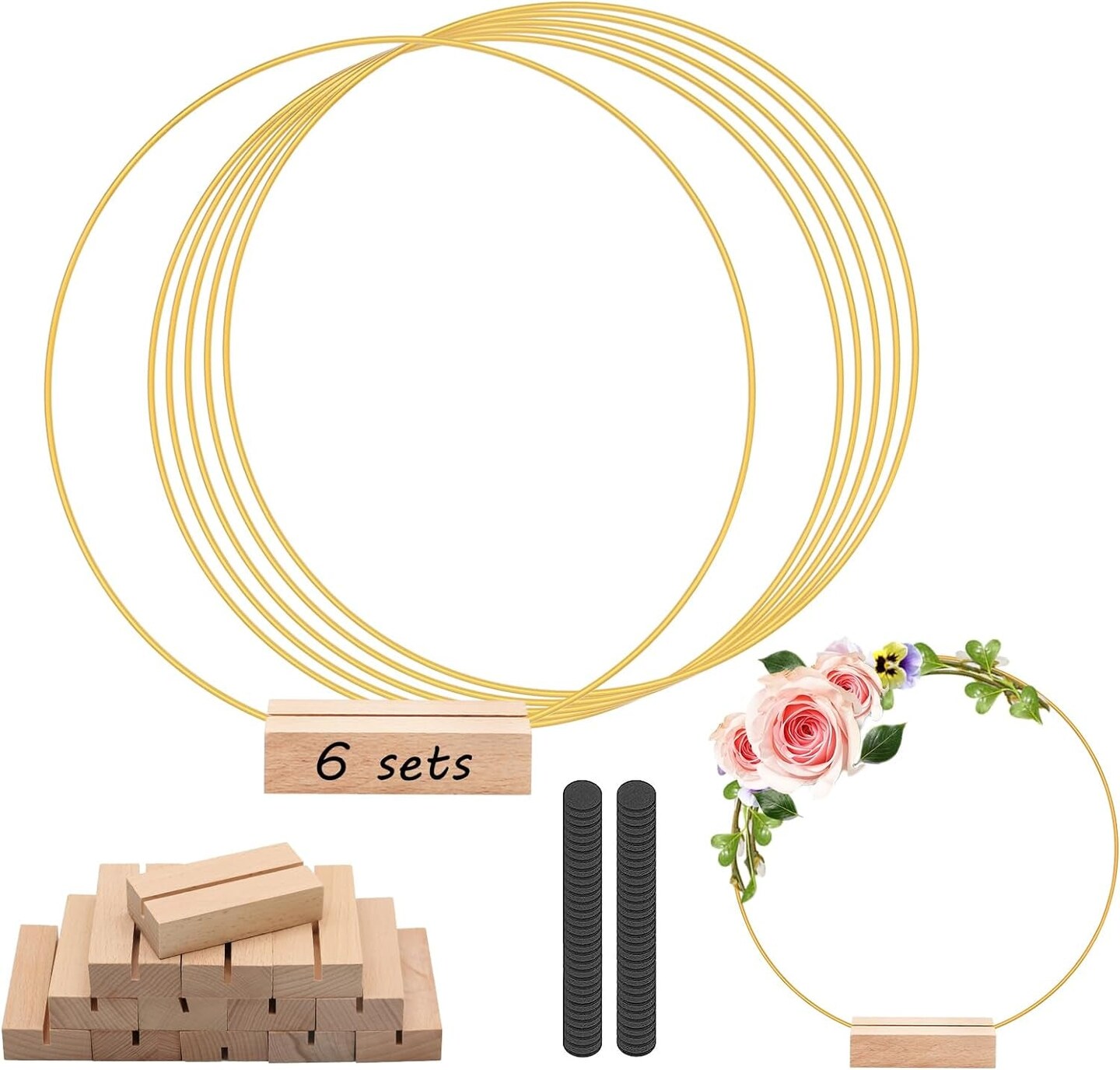 Metal Floral Hoop Centerpiece with Wood Place Card Holders and Adjustable Foot Pads, Gold Wreath Macrame Hoop Rings Decorations for DIY Wedding Party Table Decor Dream Catcher