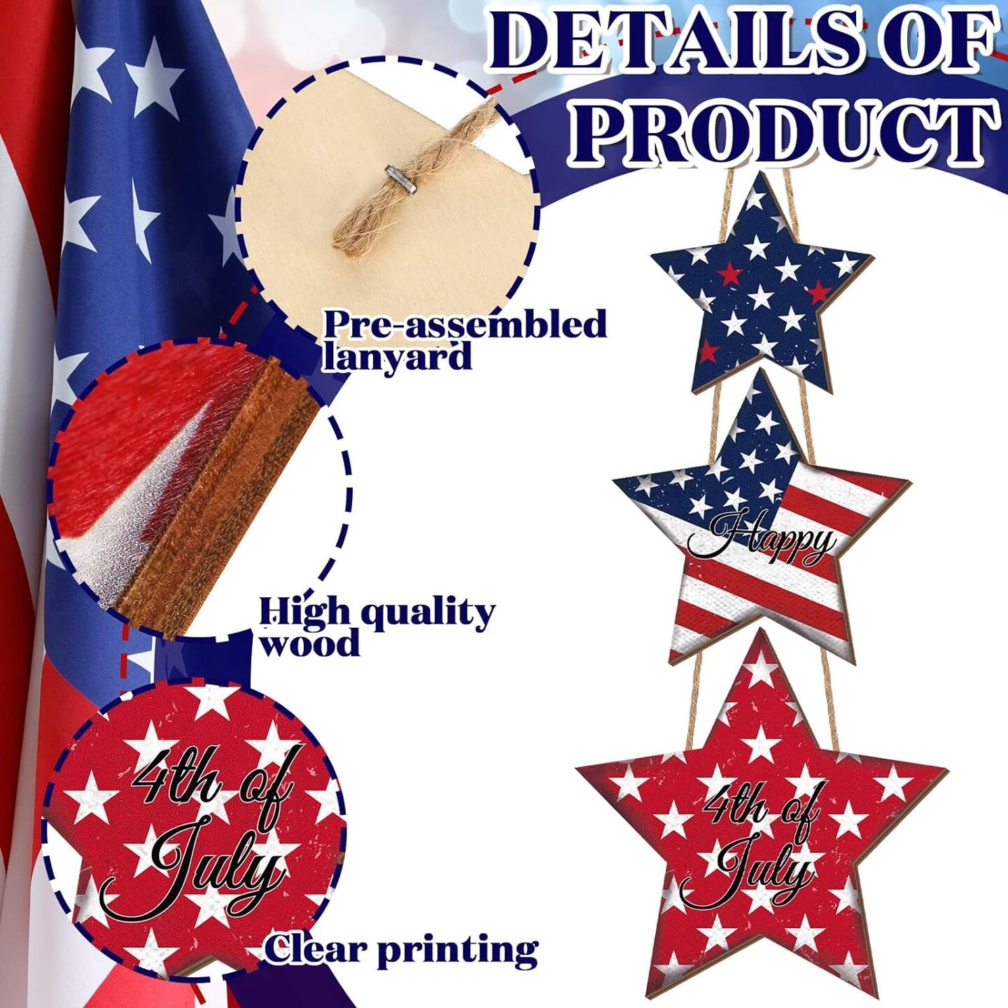 4Th of July Door Sign Decorations Patriotic Star Wooden Signs Independence Day Welcome Hanging Sign Memorial Day Door Hanger American Flag for Front Door Porch Wall Decor
