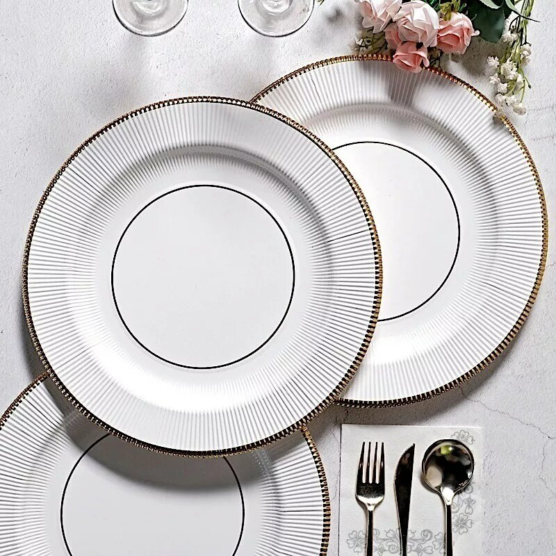 WHITE GOLD 25 Round 13&#x22; PAPER CHARGER PLATES Metallic Rim Party Events Tableware