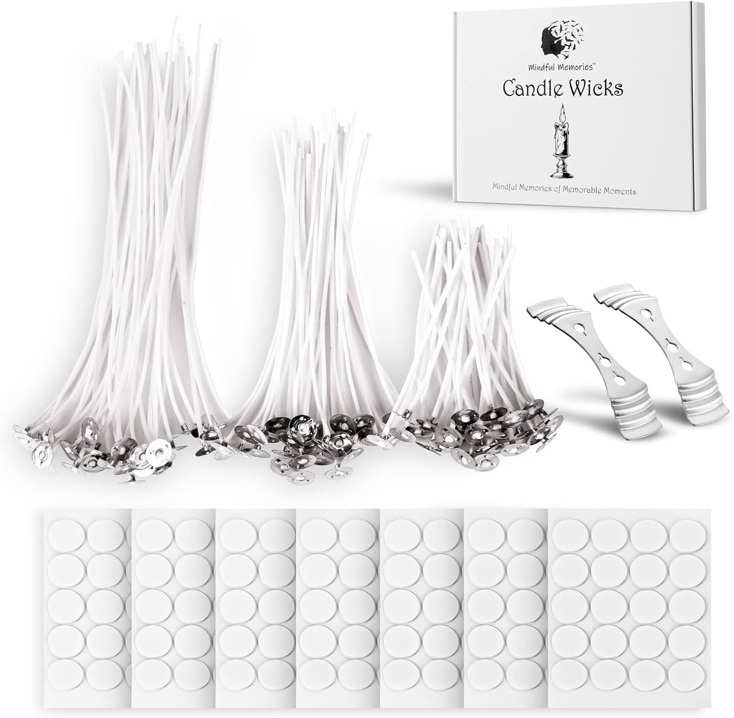 Candle Wicks 90 Pcs (4 Inch, 6 Inch, 8 Inch) with 2 Candle Wick Holders &#x26; 90 Wick Tab Stickers, Long Lasting Pre-Waxed &#x26; Tabbed Cotton Threads with No Black Smoke for Candle Making