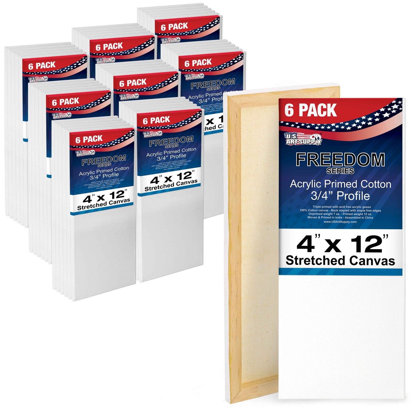4 x 12 inch Stretched Canvas 12-Ounce Triple Primed, 48-Pack - Professional Artist Quality White Blank 3/4&#x22; Profile, 100% Cotton, Heavy-Weight Gesso
