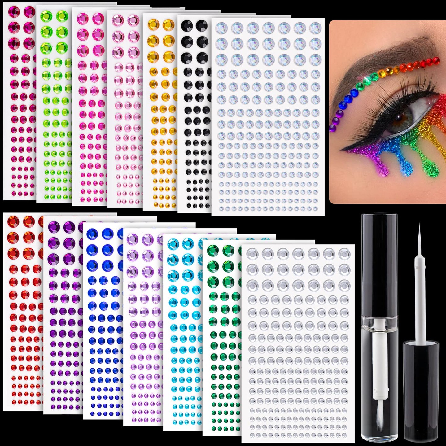 2758 Pieces of Rhinestone Stickers 3/4/5/6/8mm with 14 Colors Self Adhesive Face Gems, Stick on Body Crystal Jewels with Quick Dry Makeup Glue for Face Eye Hair Nails Make up and Craft DIY Decorations