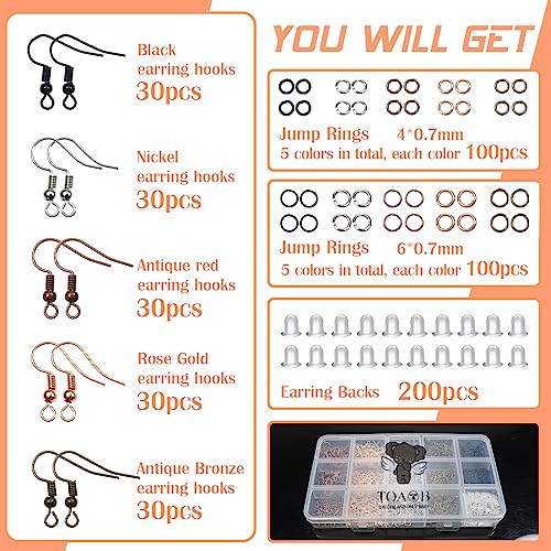 150 Pieces Hypoallergenic Earring Hooks Mixed Colors Ear Wire Hooks Earring Making Kit with 1000pcs Open Jump Rings 200pcs Earring Backs for Jewelry Making Findings