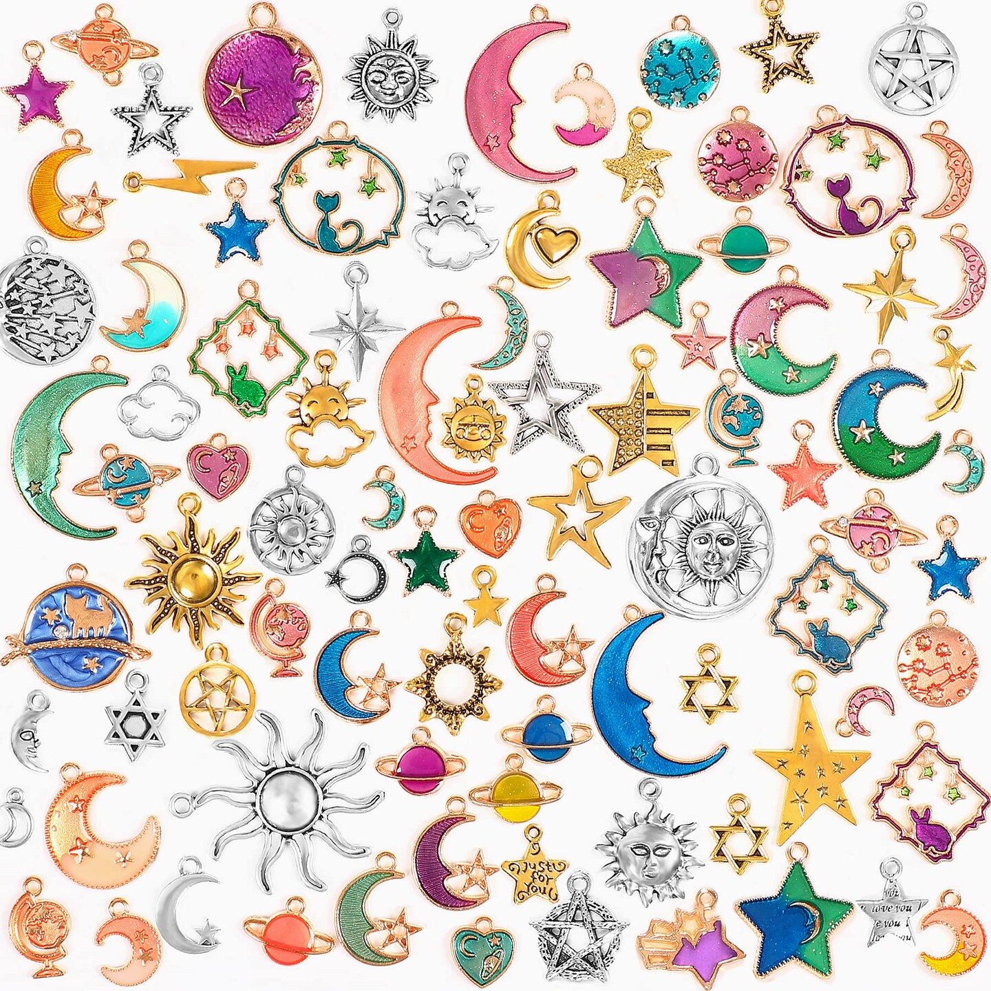 SANNIX 120Pcs Mixed Sun Star Moon Charms Jewelry Making Gold Enamel