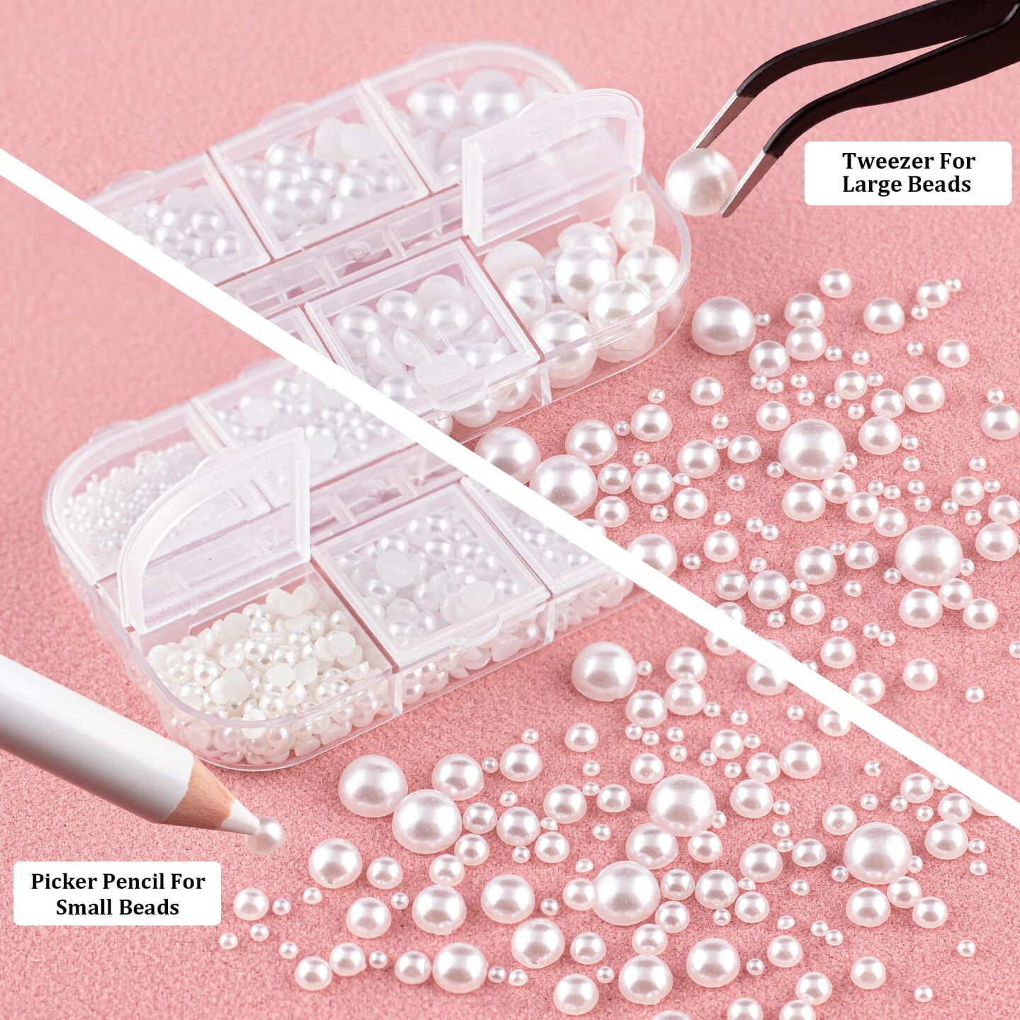 4000 Pieces Half Round Pearls and Rhinestones, Flat Back White and Beige Half Pearls and Clear+AB Round Crystal Gem Kit with Tweezer and Pickup Pencil for Nail Art and DIY Decoration