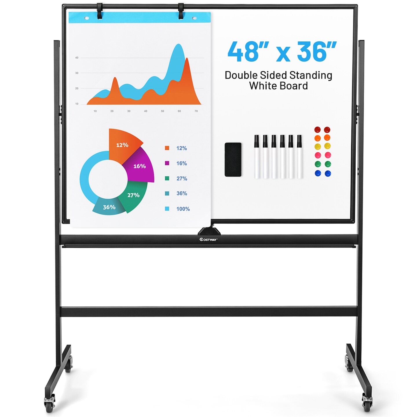 Costway 48&#x27;&#x27;x36&#x27;&#x27; Mobile Magnetic Double-Sided Reversible Whiteboard Height Adjust