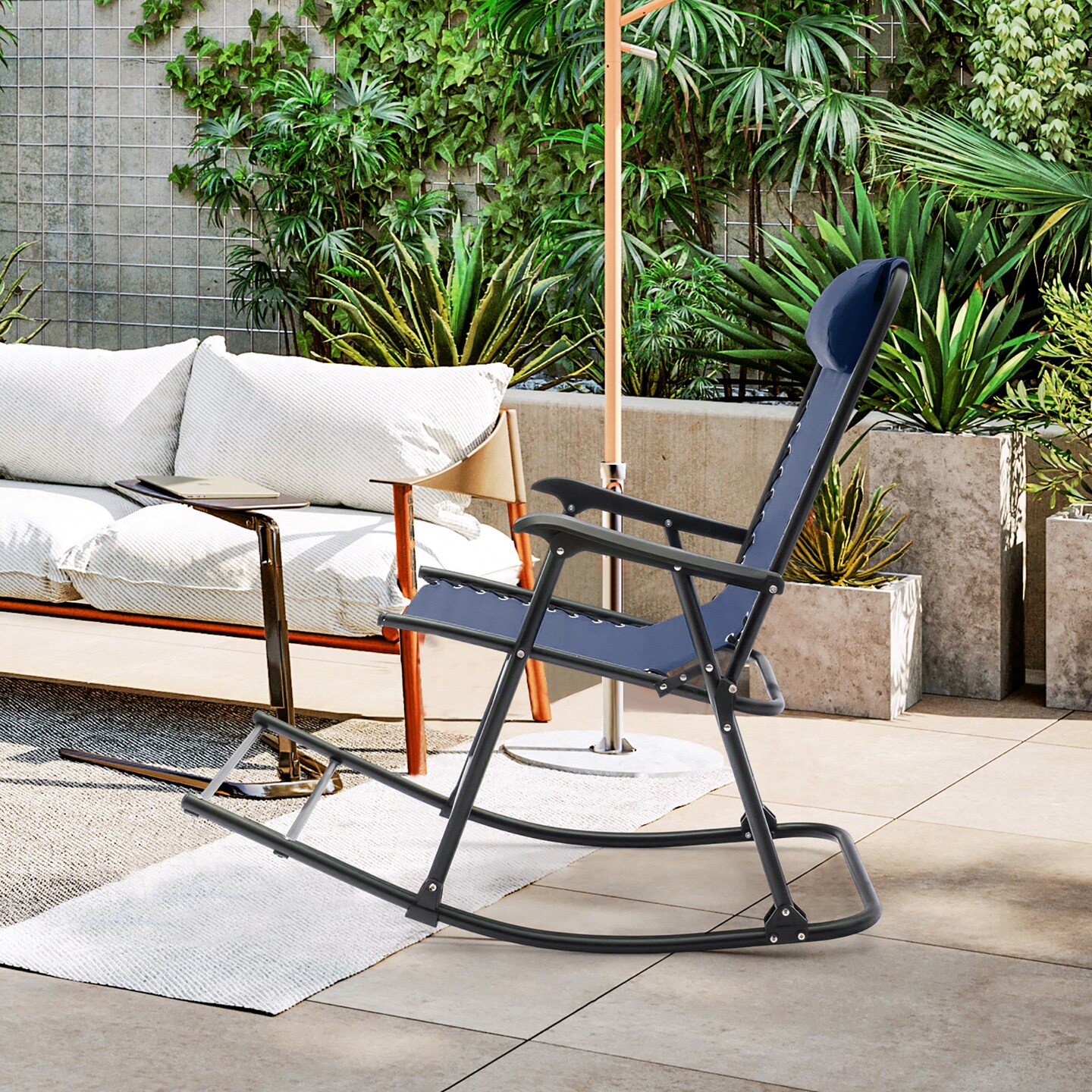 Costway Folding Zero Gravity Rocking Chair Rocker Porch Outdoor Patio Headrest Blue