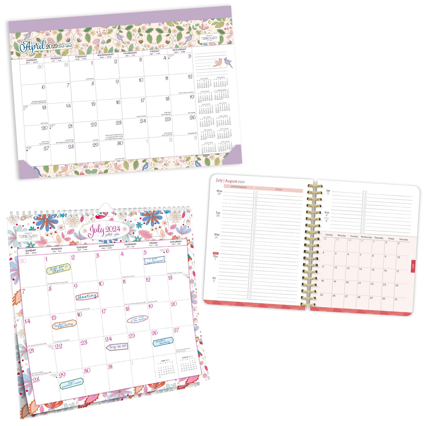 House of Turnowsky and Black Solid 2025 18 Months Bundle | Desk Pad, Desk Planner, and Square Wire-O Calendar | July 2024 - December 2025 | Plato | Family Stationery Design