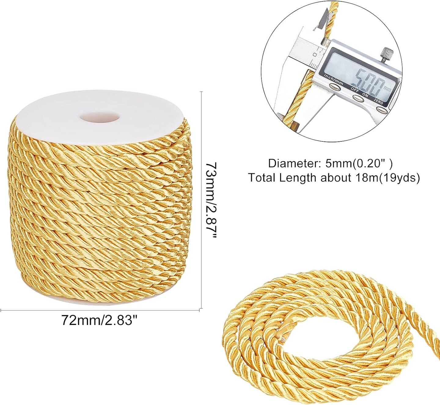 59 Feet 5mm Gold Twine Cord Rope 3 Braided Cord Thread Decorative Twisted Satin Polyester String Thread for Home Decor Upholstery Curtain Tieback Graduation Honor Cord