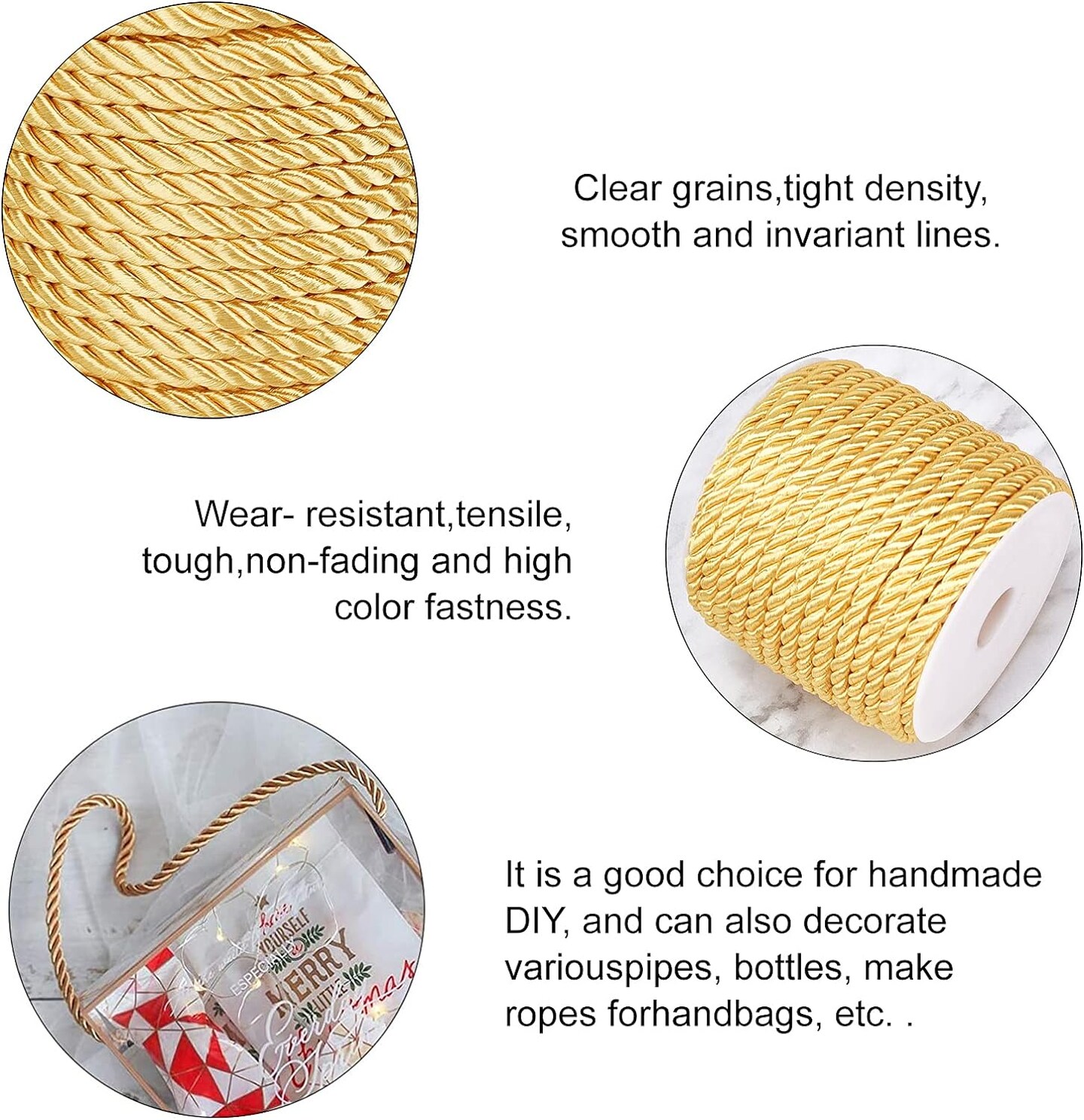 59 Feet 5mm Gold Twine Cord Rope 3 Braided Cord Thread Decorative Twisted Satin Polyester String Thread for Home Decor Upholstery Curtain Tieback Graduation Honor Cord