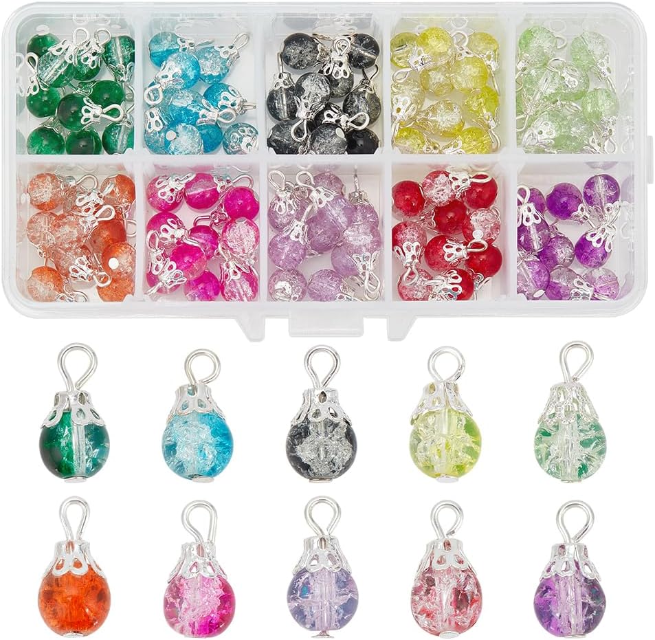 100pcs Crystal Dangle Charms, Crackle Glass Drop Beads Charms 10 Color Dangle Bead with Silver Bead Cap Drops Beads Charms Pendants for Jewelry Making Necklace Earring