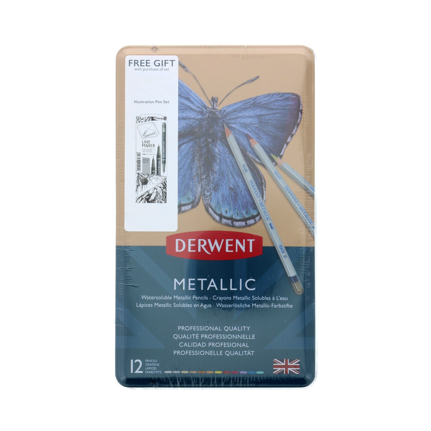 Derwent Metallic Pencil Set, 12-Pencils plus Graphik Line Maker Pen