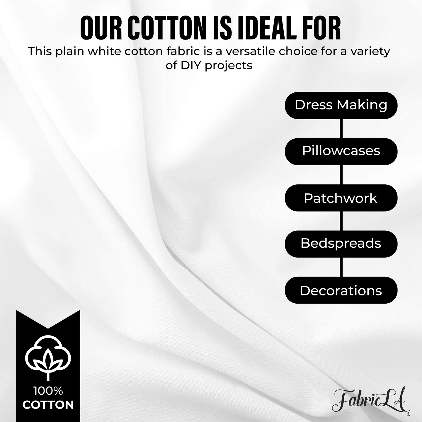 FabricLA 100% Cotton Lawn Fabric | White | Precut 10 - Yards