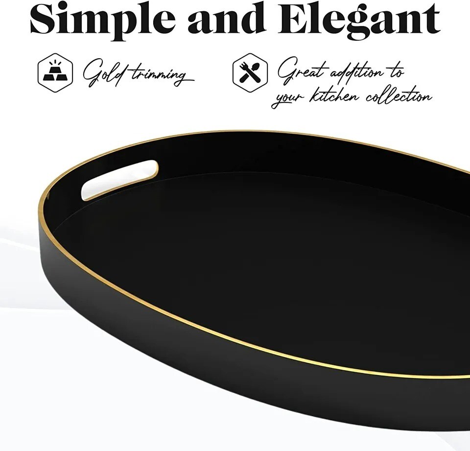 Serving Oval Tray with Gold Trimming &#x26; Handles, Black