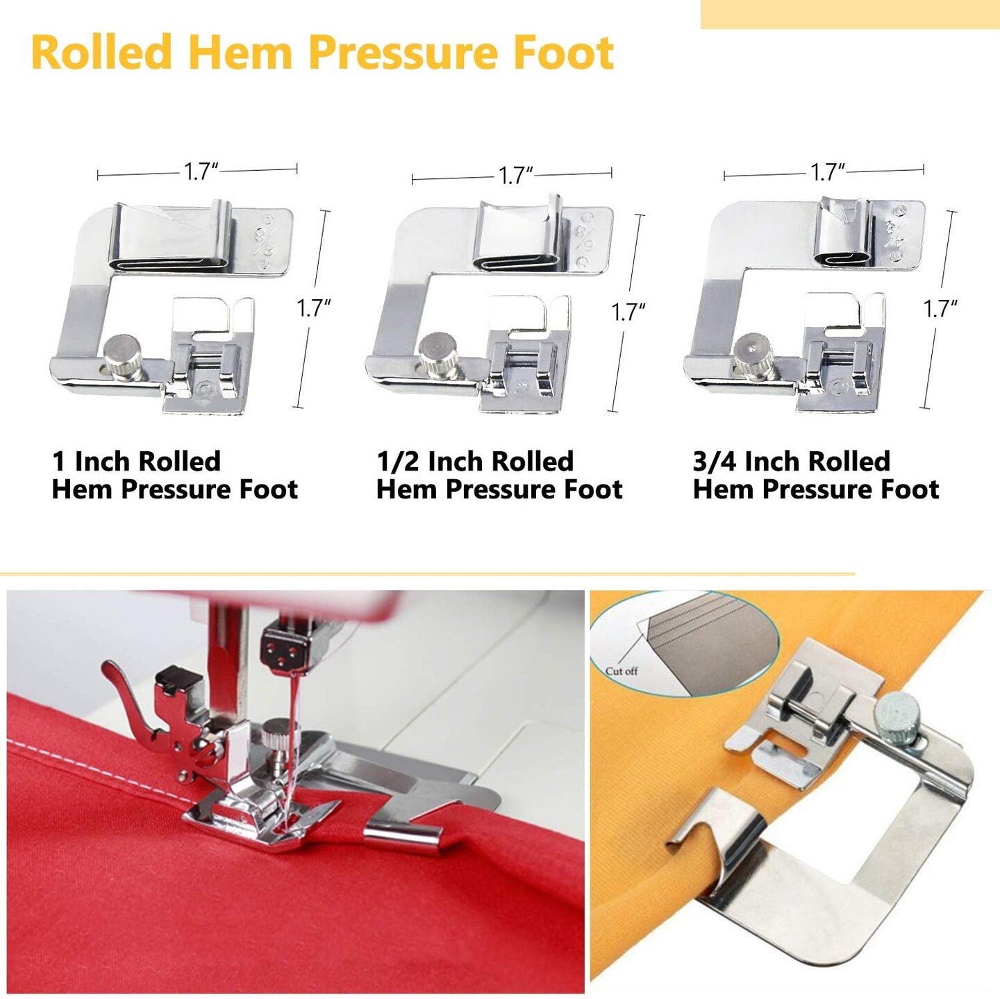 Sewing Machine Presser Feet 3Pcs Rolled Hem Pressure Foot,3Pcs Narrow Rolled Hem Hemmer Presser Feet & Adjustable Guide Presser Foot, Bias Binder Foot Compatible with Singer,Brother,Juki,etc