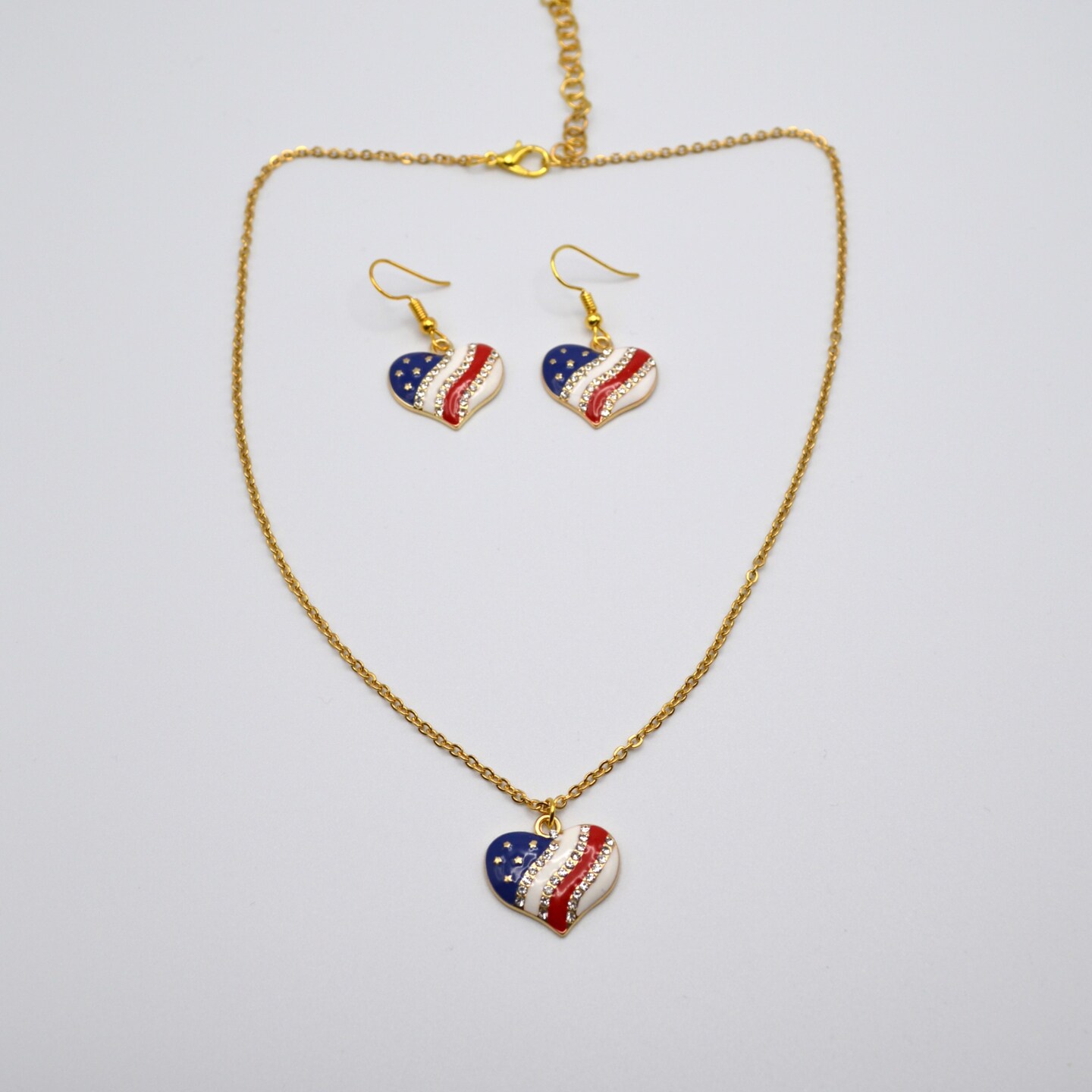 Enamel Heart Flag Patriotic Earrings and Necklace Set for 4th of July by Abundant Joy Jewelry