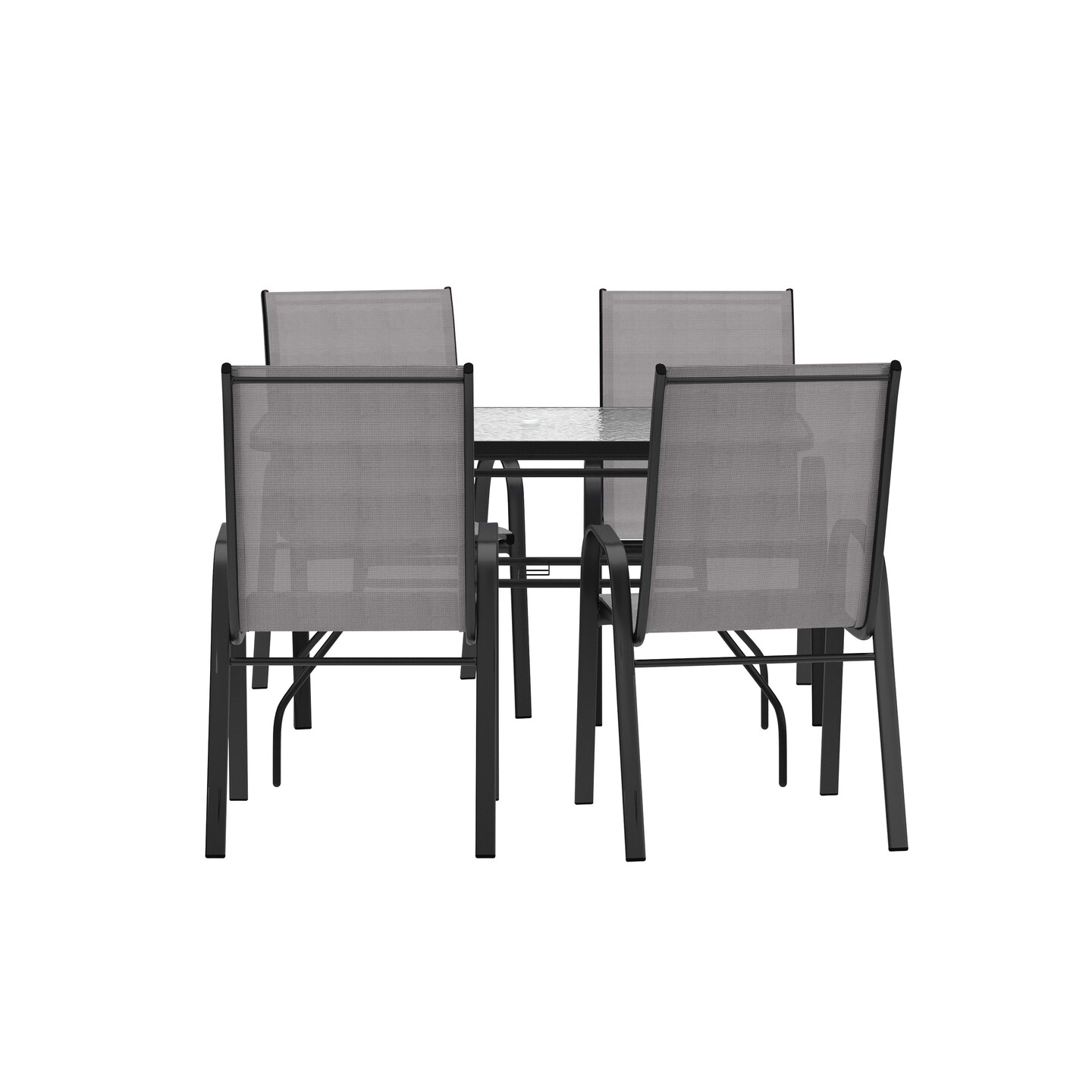Merrick Lane Bardwell 5 Piece Outdoor Dining Table Set for 4 with Glass-Top Patio Table and 4 Stack Chairs with Flex Comfort Material