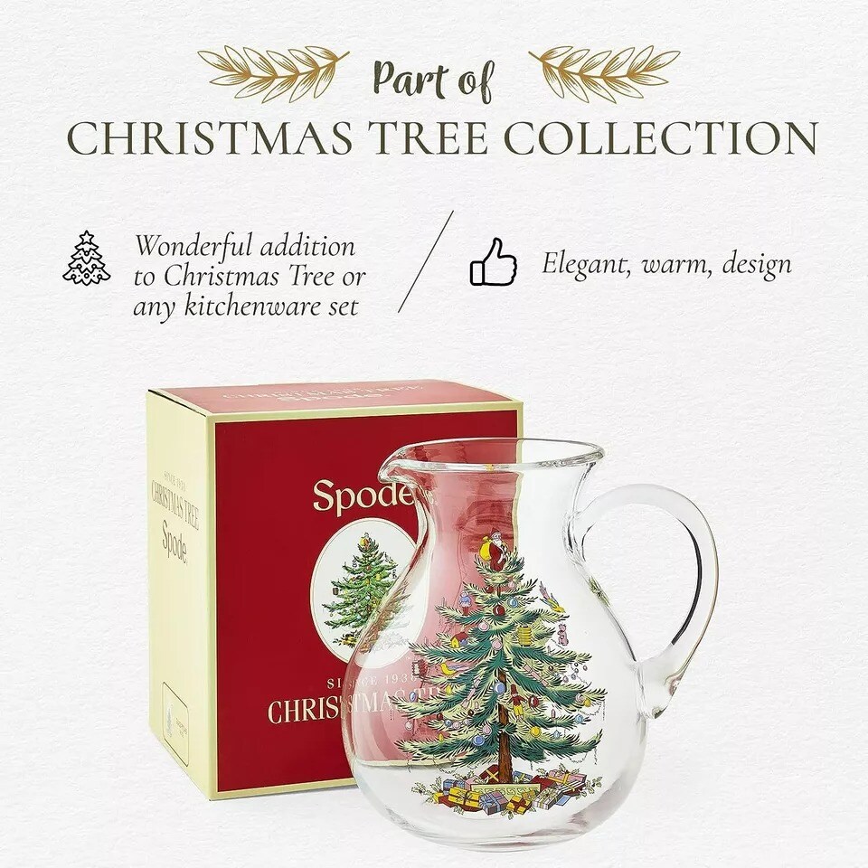 Spode Christmas Tree Santa 6 Pint Glass Pitcher, Handled Decorated Holiday Jug