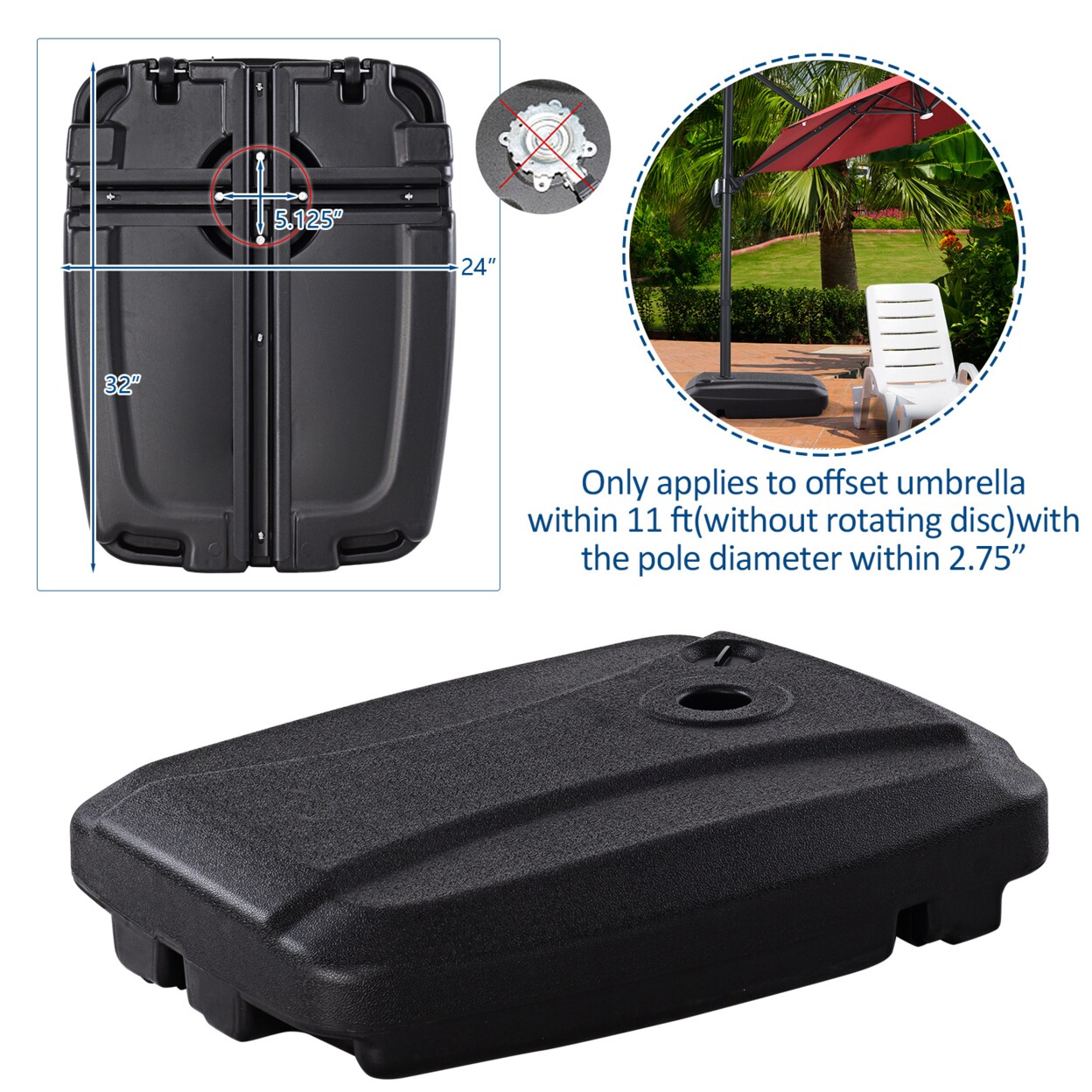 60L Patio Cantilever Offset Umbrella Base Portable Base Weight W/ Wheels