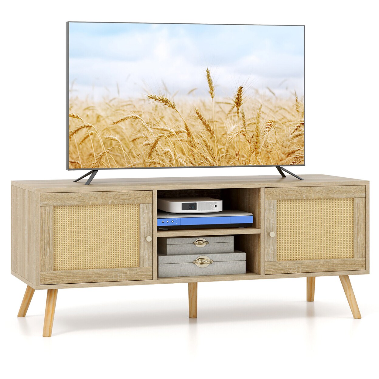Gymax Boho TV Stand PE Rattan Media Console Table w/ Cabinets and Open Shelves