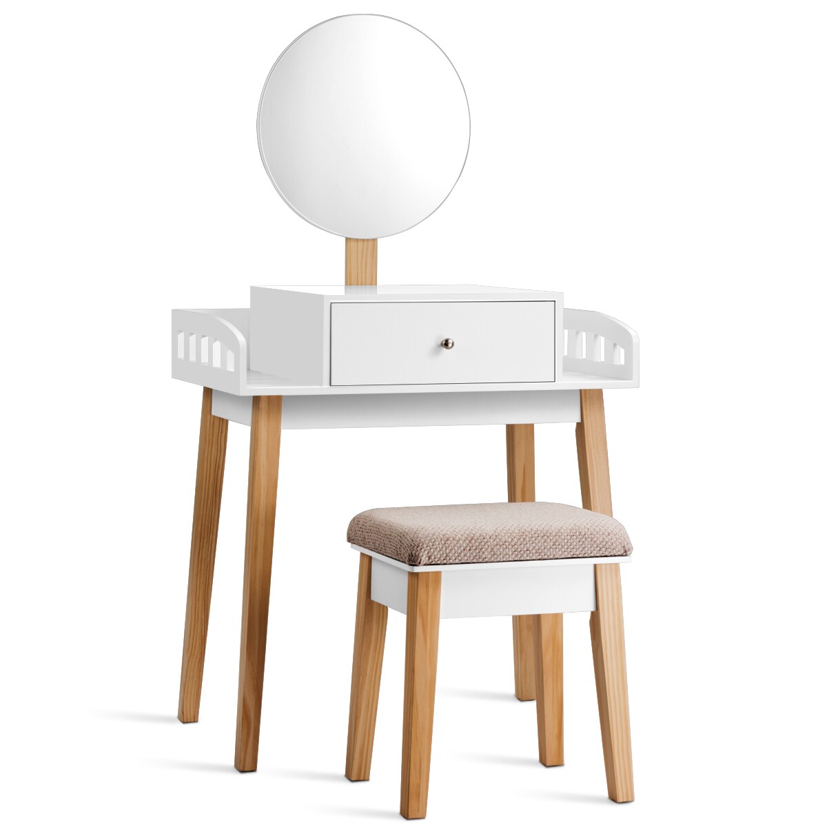 Gymax Makeup Dressing Table Stool Wooden Vanity Set w/ Round Mirror Drawer