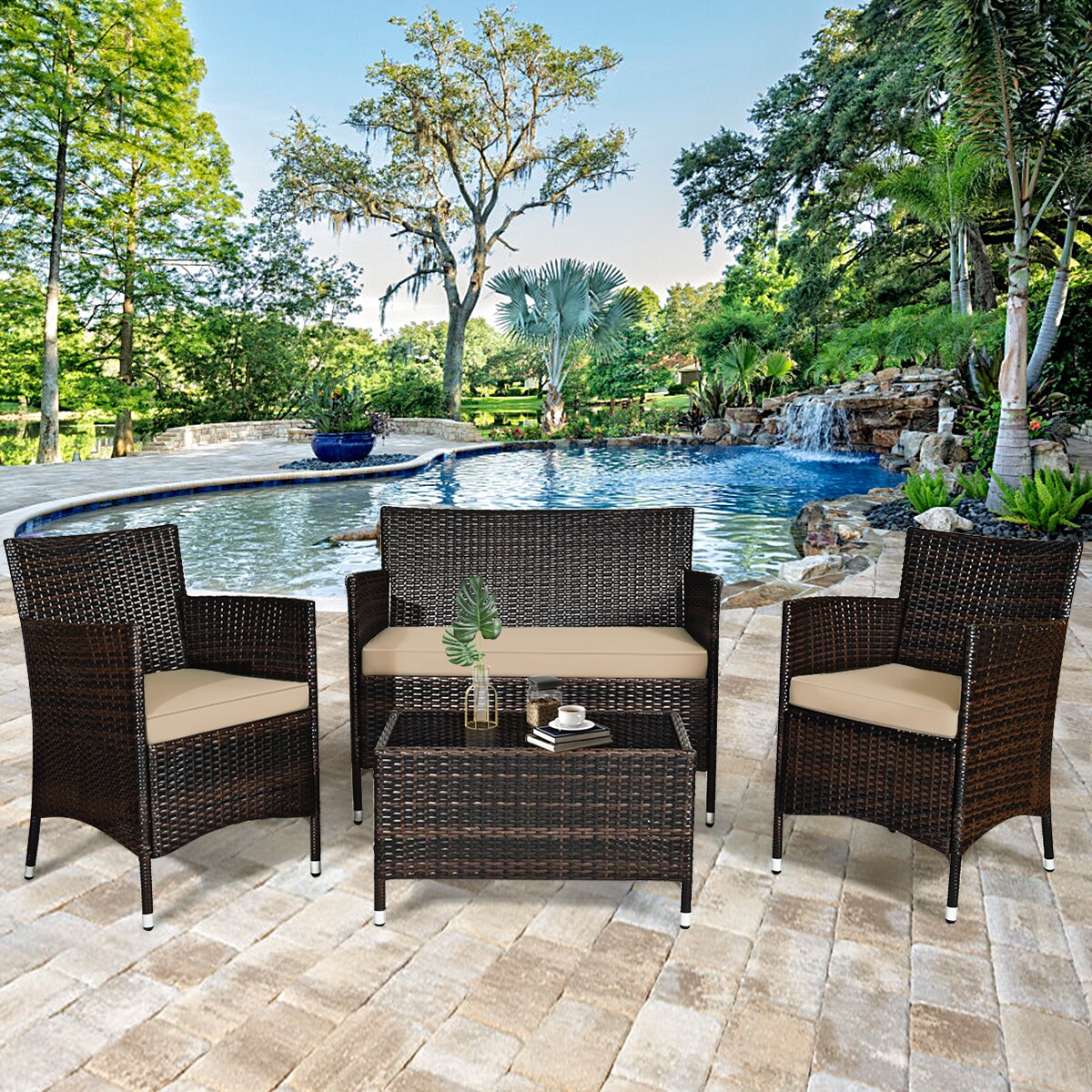 Gymax 4 Pieces Patio Rattan Conversation Furniture Set Outdoor w/ Brown and Turquoise Cushion