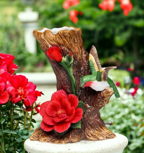 Ceramic Hummingbird with Hibiscus Flower Vase, Home D&#xE9;cor, Gift for Her, Gift for Mom, Birdwatcher Gift, Vintage Decor
