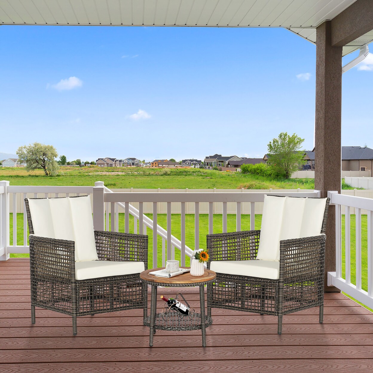 Gymax 3PCS Patio Wicker Bistro Set Furniture Set PE Rattan Table