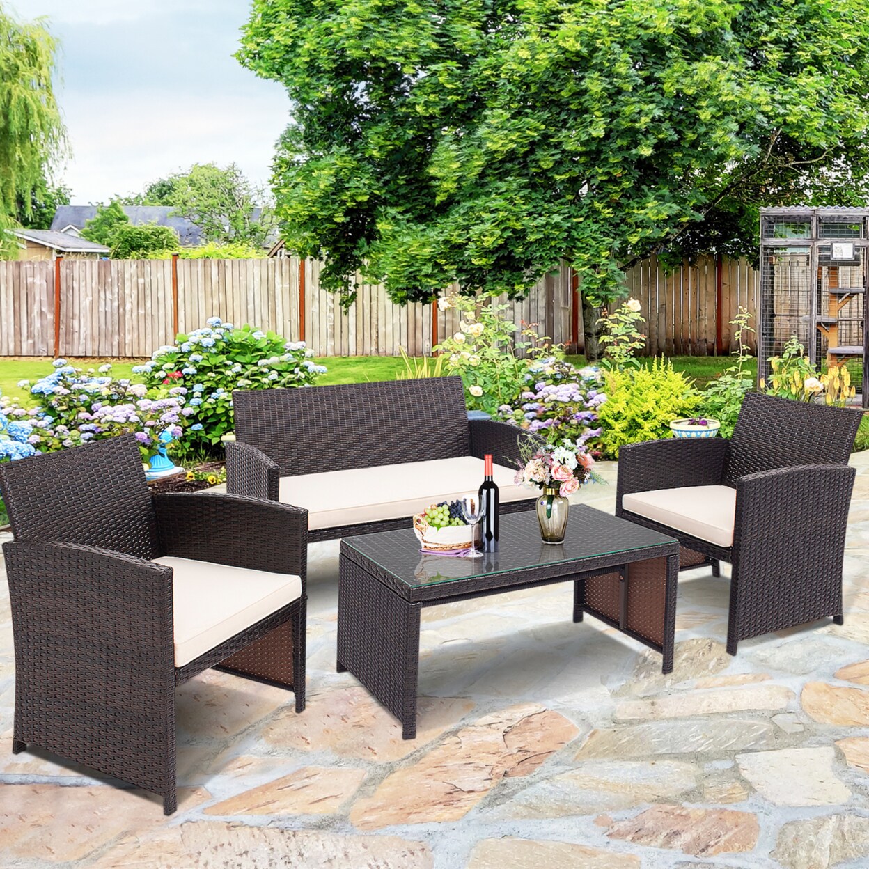 4Pcs Patio Conversation Set Outdoor Rattan Furniture Set W/ White Cushions