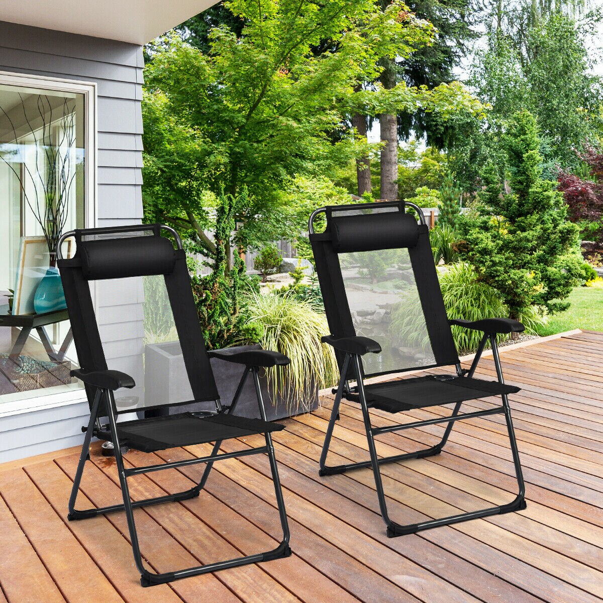 2Pc Folding Chairs Adjustable Reclining Chairs With Headrest Patio Garden Black