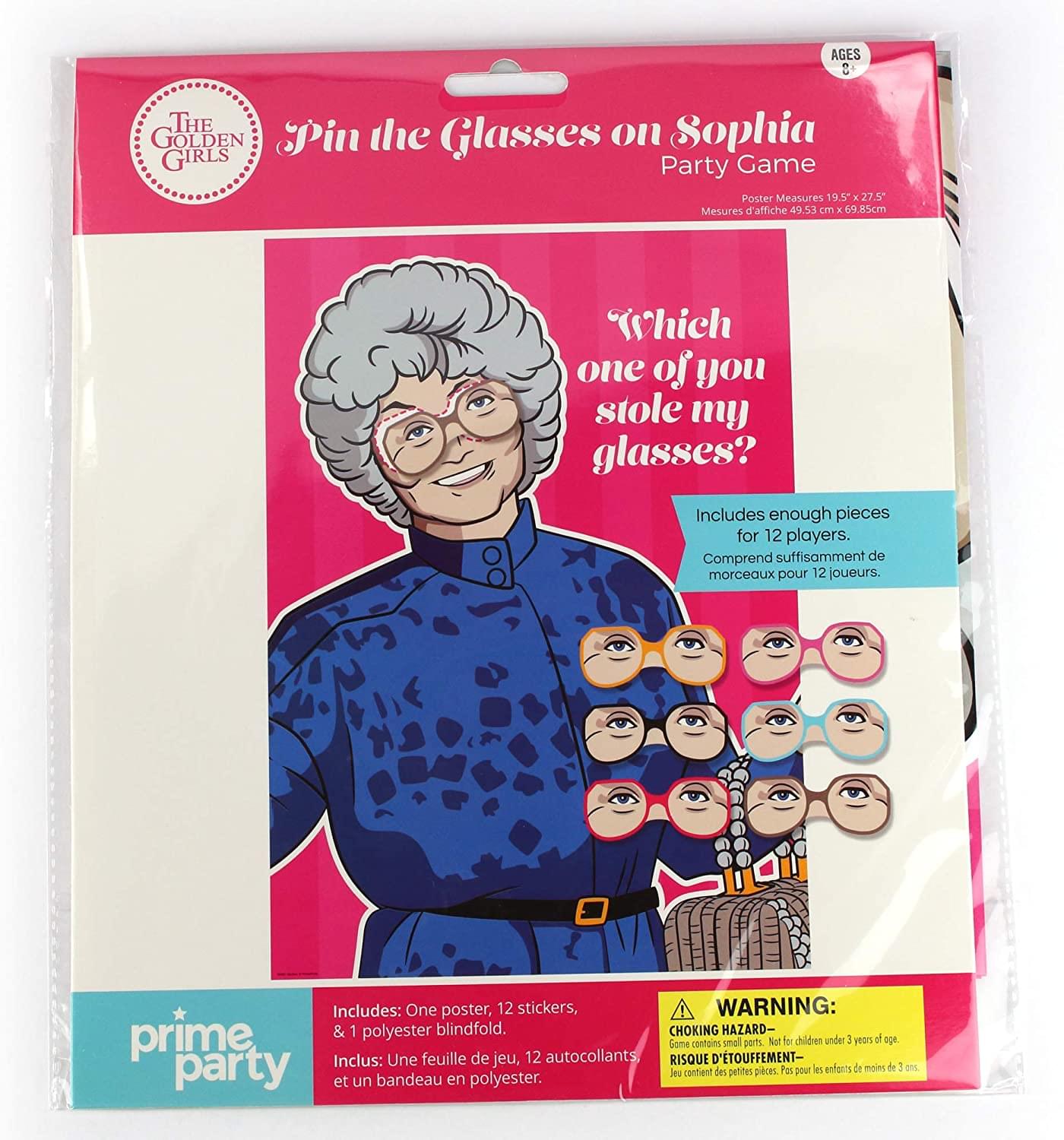 The Golden Girls Pin the Glasses on Sophia Party Game | Poster: 19.5&#x22; x 27.5&#x22;, Includes 12 glasses (stickers) and one polyester blindfold.