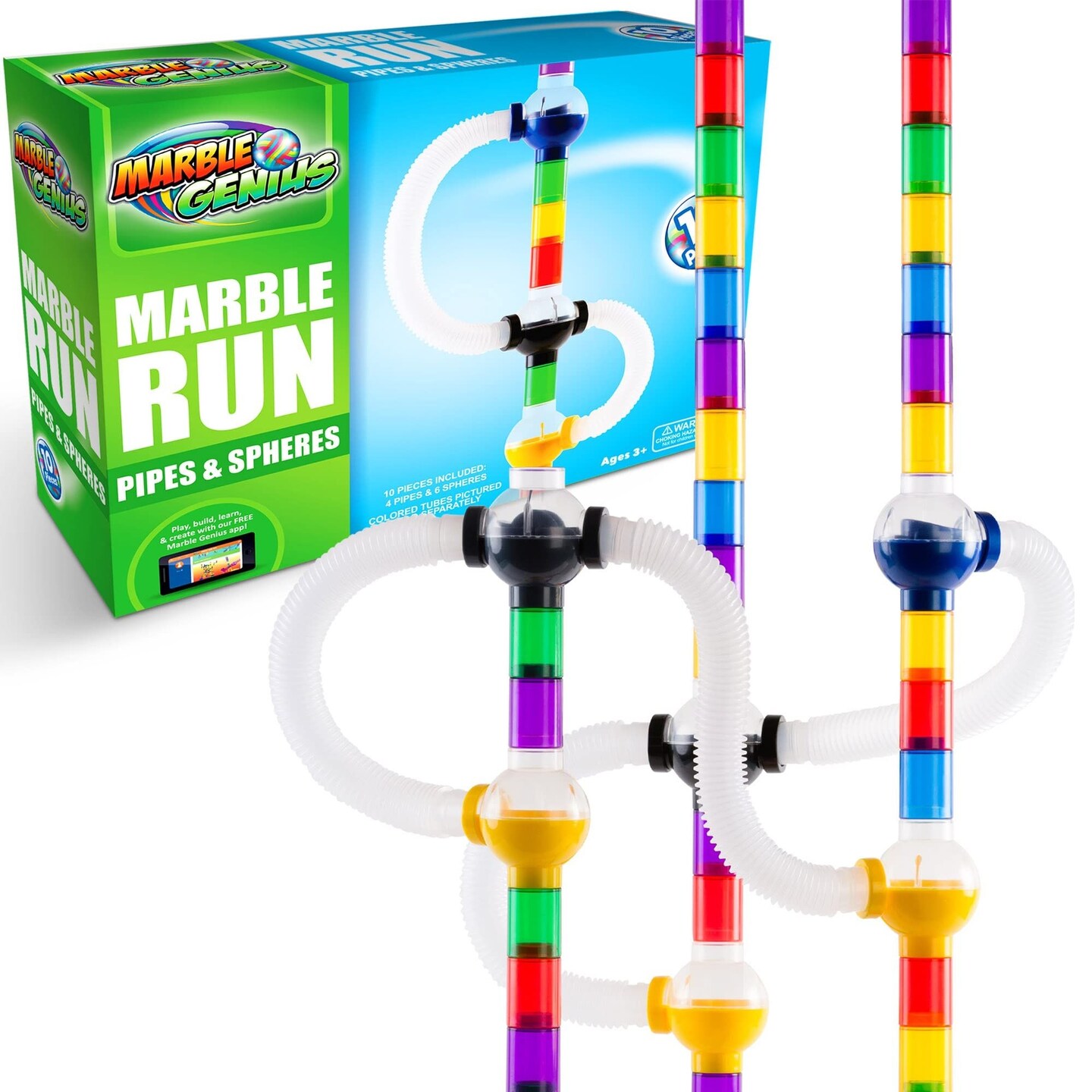 Marble Genius Marble Run Pipes &#x26; Spheres Accessory Add-on Set - 10 Pieces Total (4 Pipes, 1 Ramp Sphere, 1 Alternating Sphere, 1 Straight Sphere, &#x26; 3 Tube Spheres), With Instruction App Access