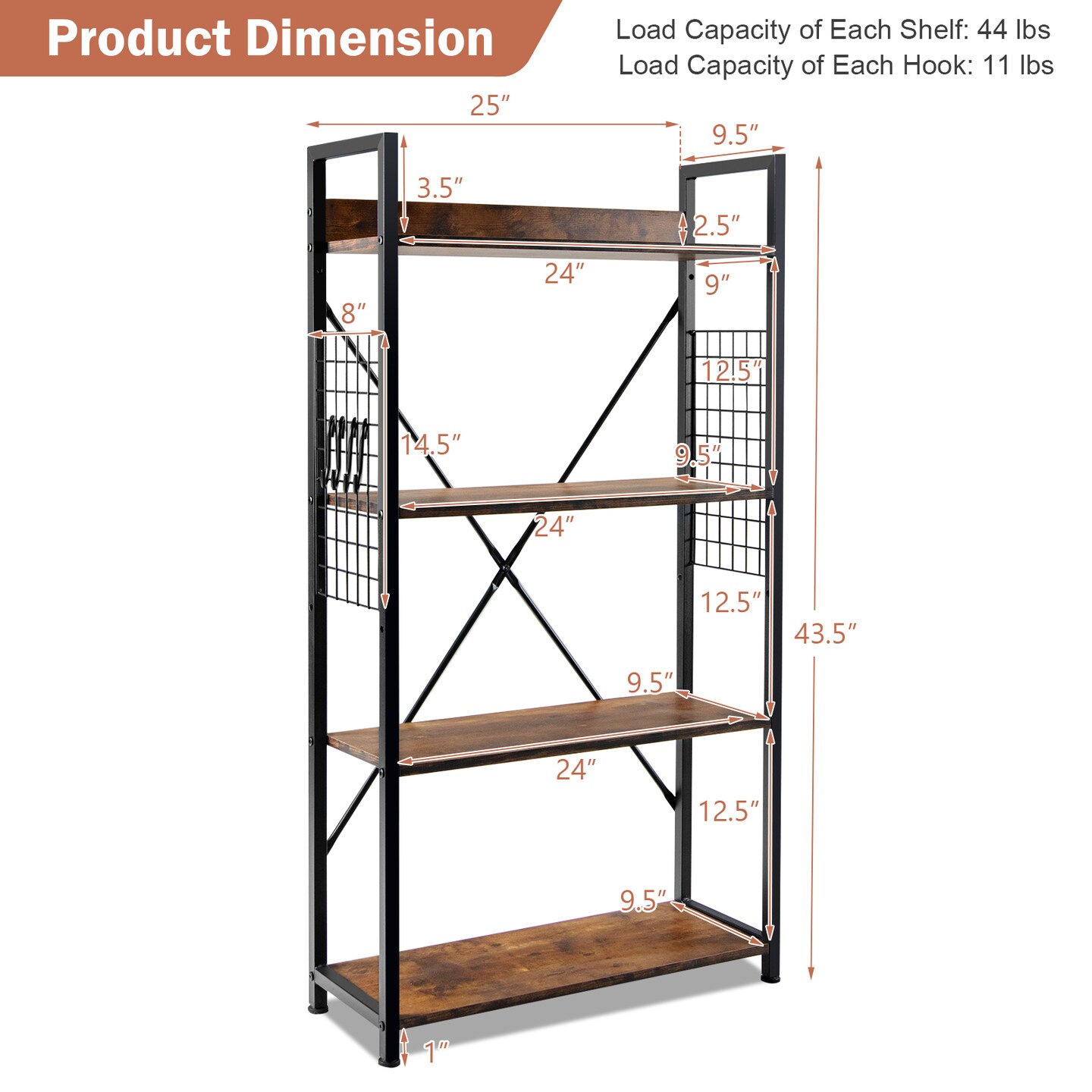 3-Tier Adjustable Shelf Coffee Steel Frame Engineered Wood Extra Storage Hooks