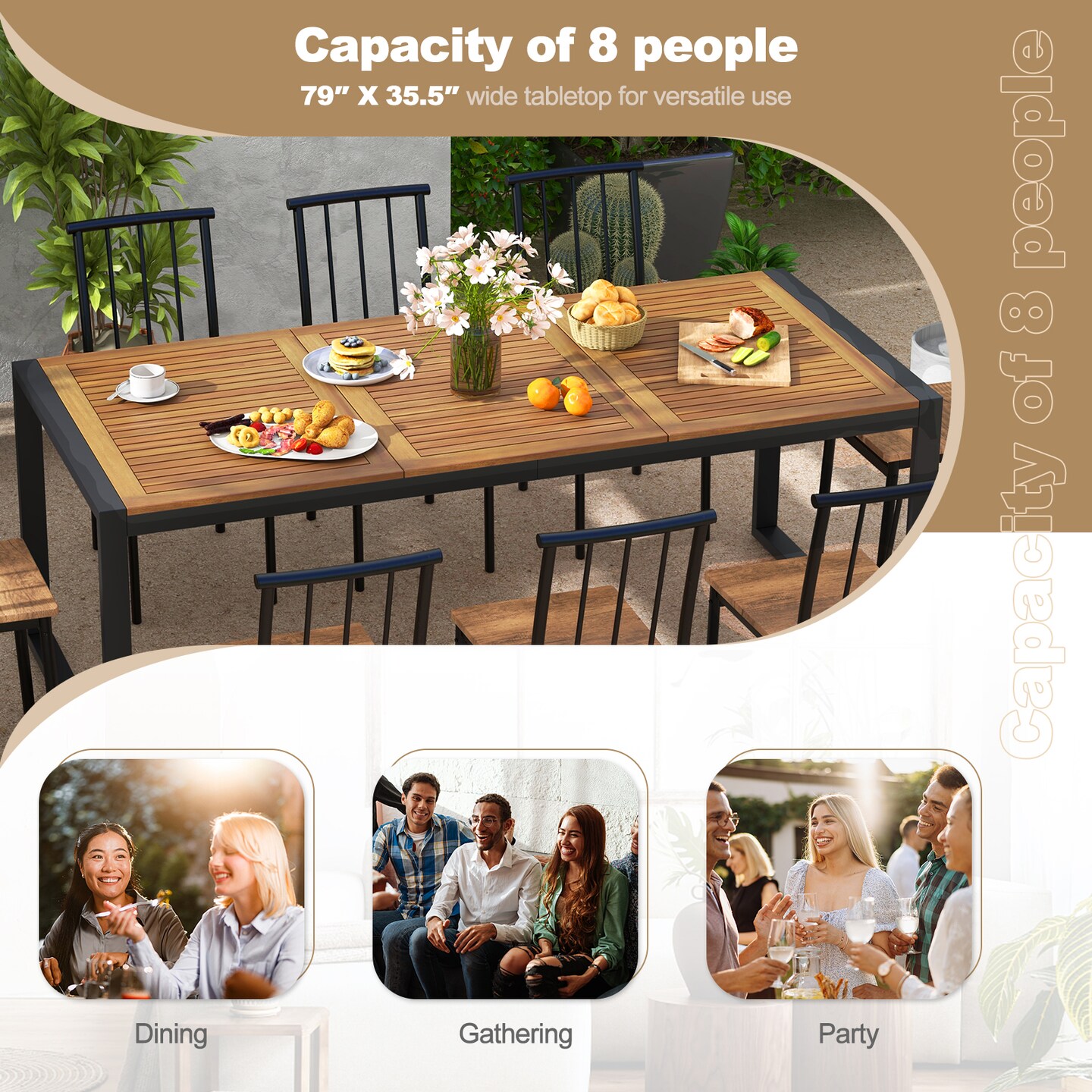 79 Inch Acacia Wood Patio Table With 1.9 Inch Umbrella Hole For Garden And Poolside