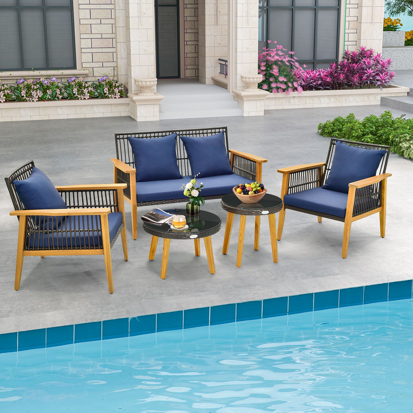 5 Piece Outdoor Conversation Set With 2 Coffee Tables For Backyard Poolside-Navy