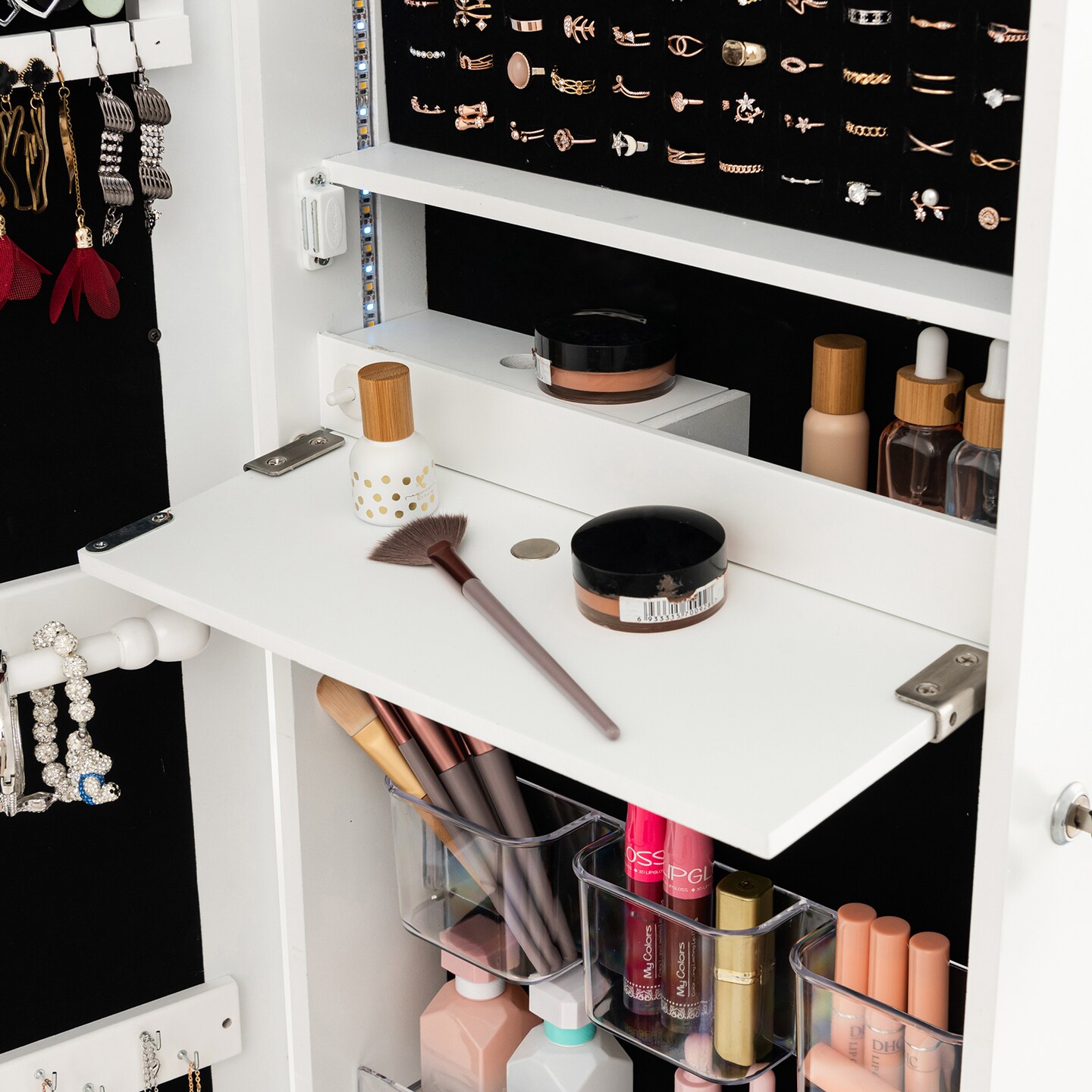 Wall Mounted Jewelry Armoire Organizer With Full-length Frameless Mirror-white