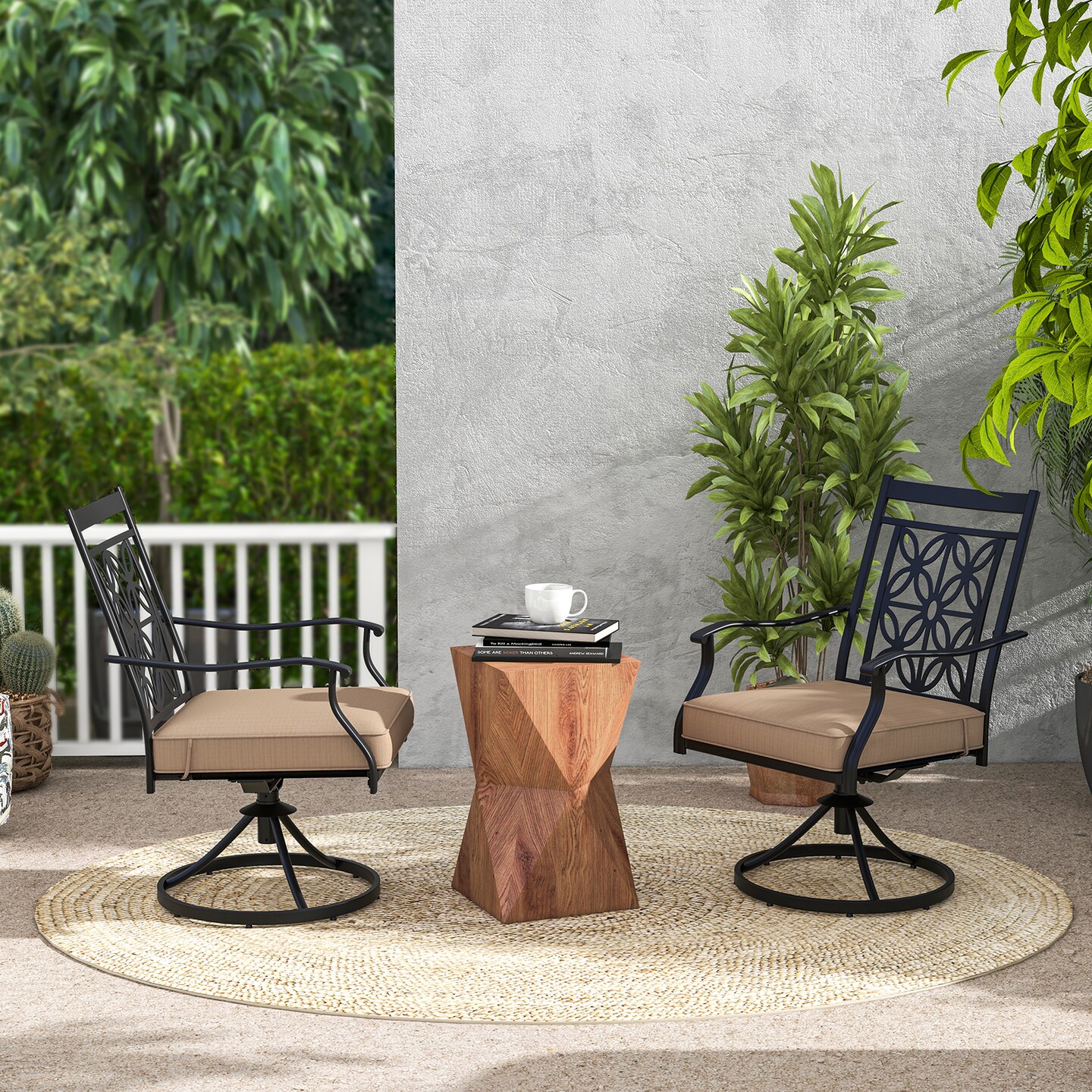 2 Pieces Patio Swivel Chairs With Blossom Pattern Backrest And Cushions-Black