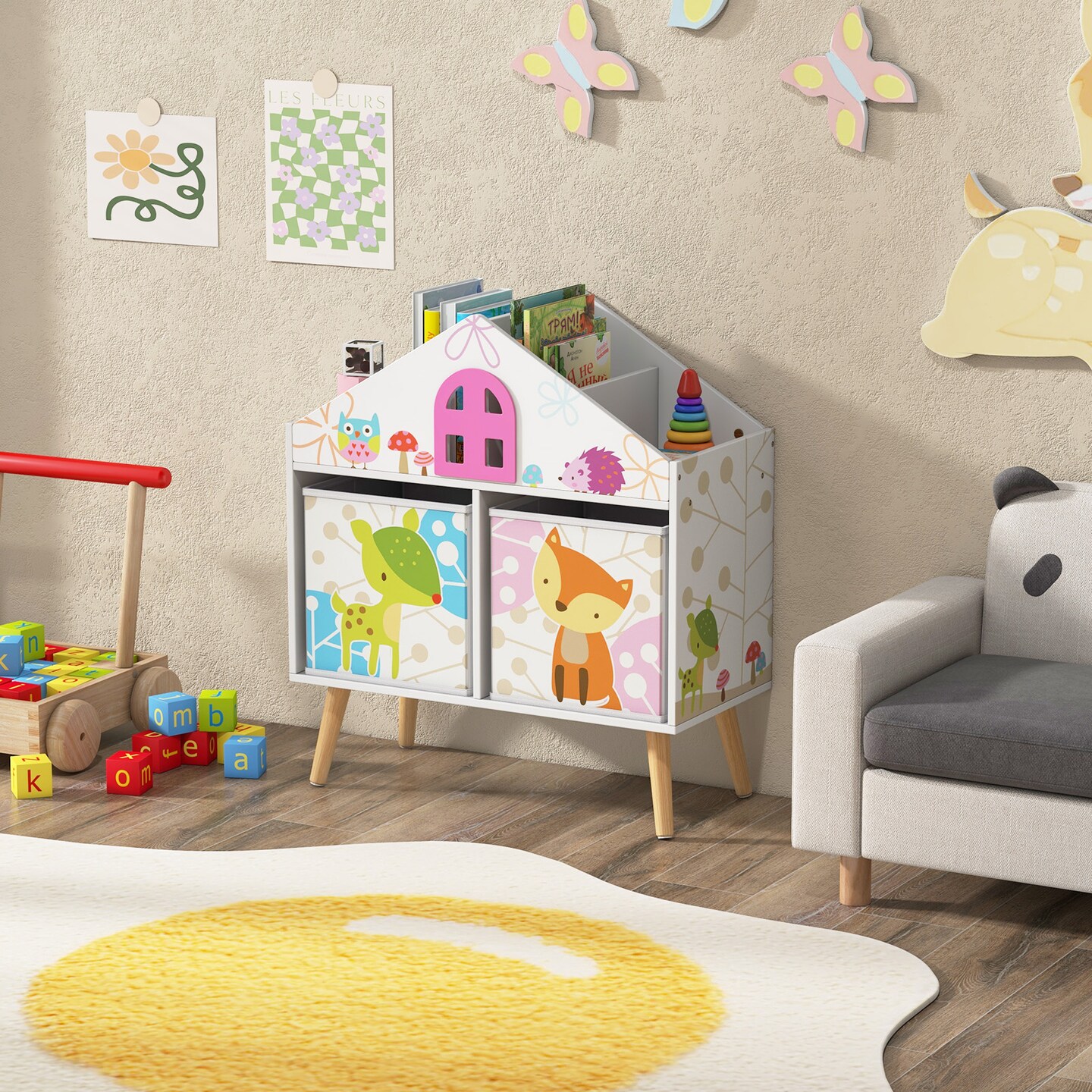 Kids House-shaped Bookshelf with 2 Storage Bins for Kids Room Playroom-White - 24.5&#x22; x 12&#x22; x 28&#x22;
