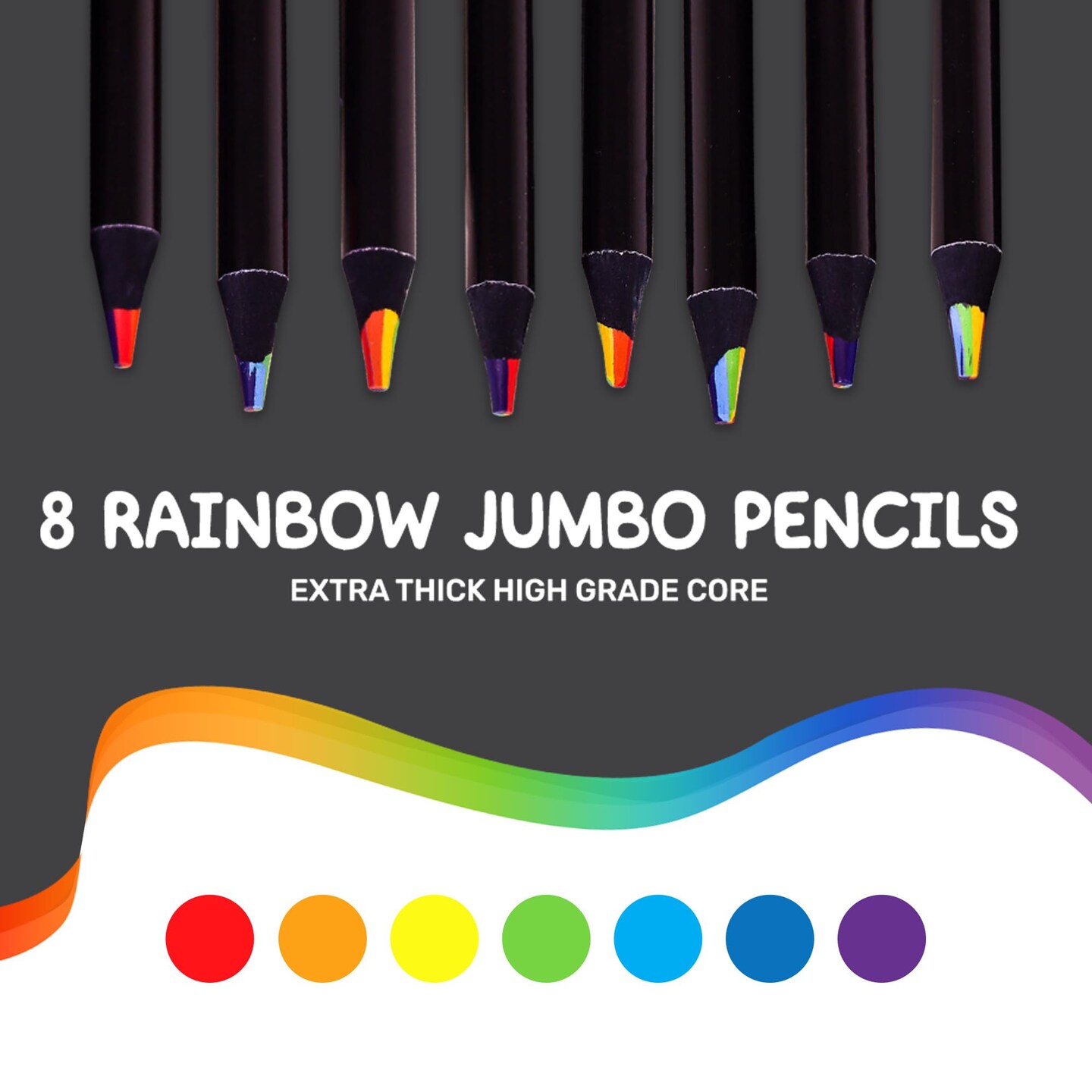 8 Pieces 7 in 1 Rainbow Colored Pencils, Jumbo Color Pencils for Kids &#x26; Adults, Multicolored Pencils, Drawing Pencils for Sketching &#x26; Coloring, Rainbow Pencils - Kids &#x26; Adults, Art Supplies, 8 Pack + Sharpener