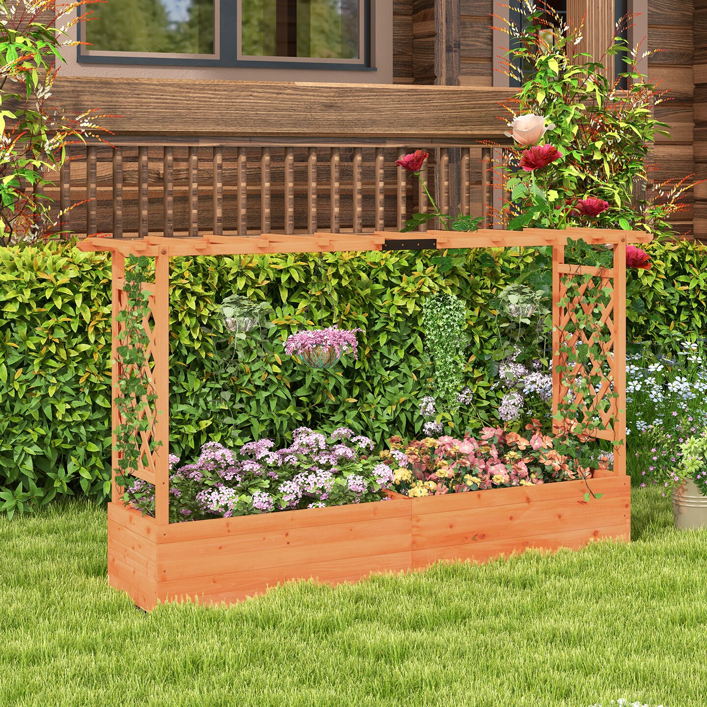 Raised Garden Bed With Side Trellis Hanging Roof And Planter Box-Orange