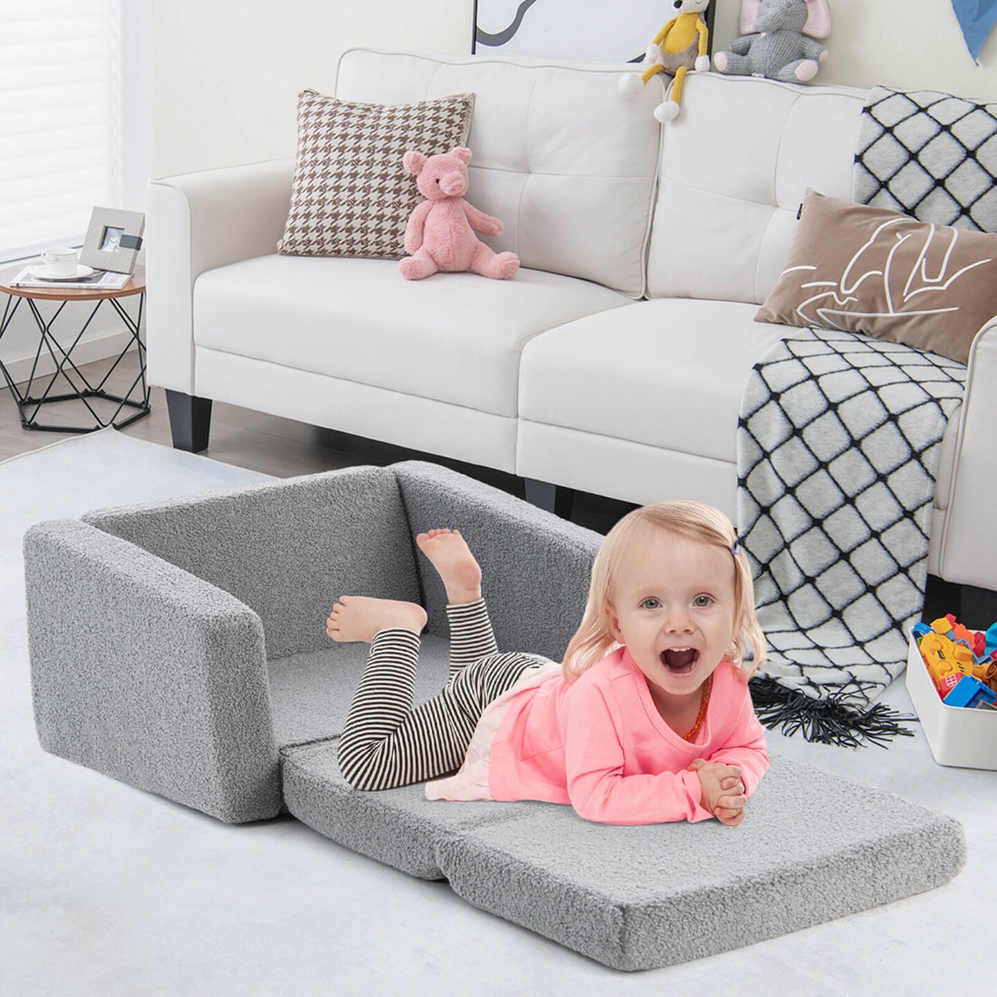 Honeyjoy 2-in-1 Toddler Fold out Couch Children&#x2019;s Convertible Sofa to Lounger Grey