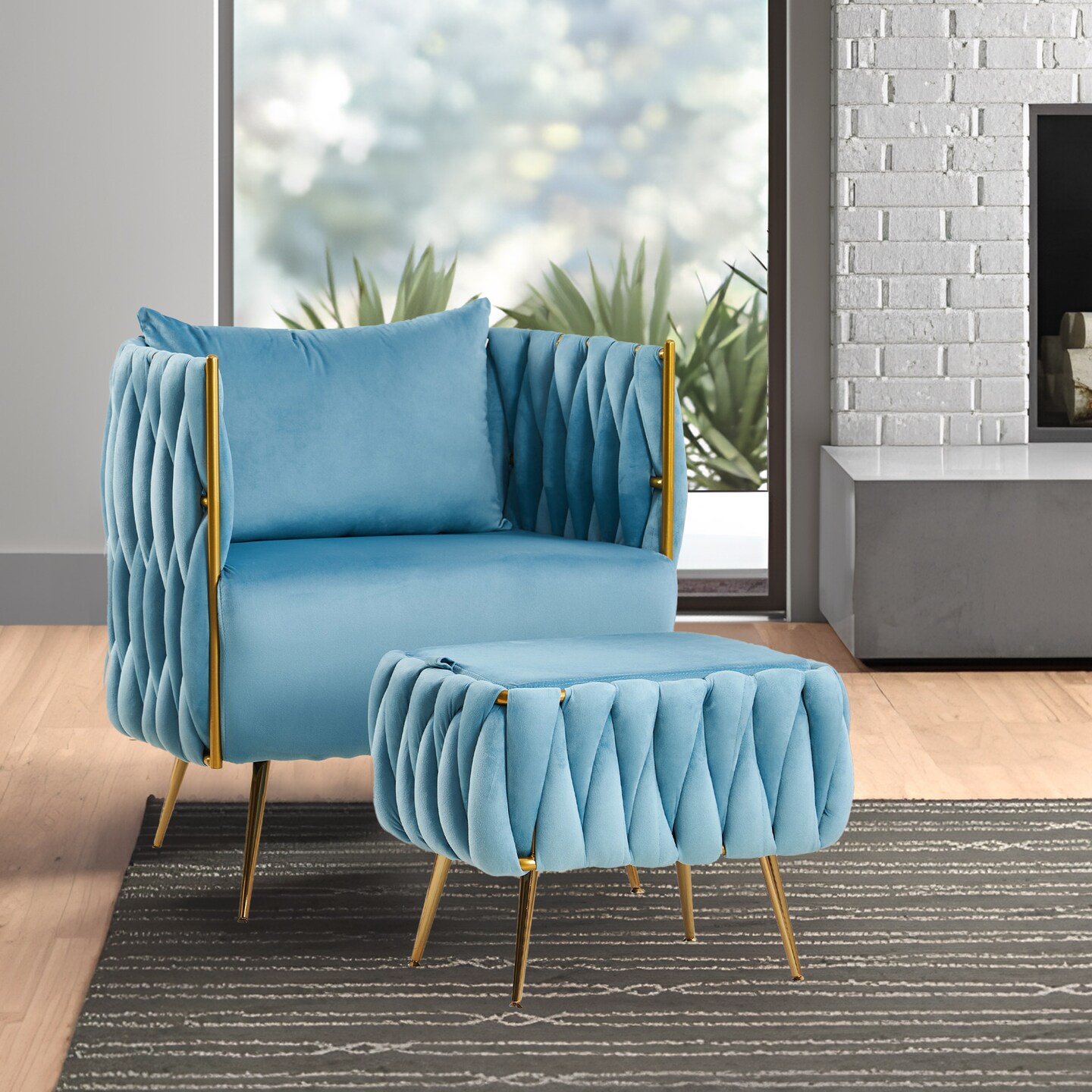 FERPIT Velvet Modern Tub Barrel Arm Chair Upholstered Tufted with Gold Metal Legs Accent Club Chair with Ottoman Footrest