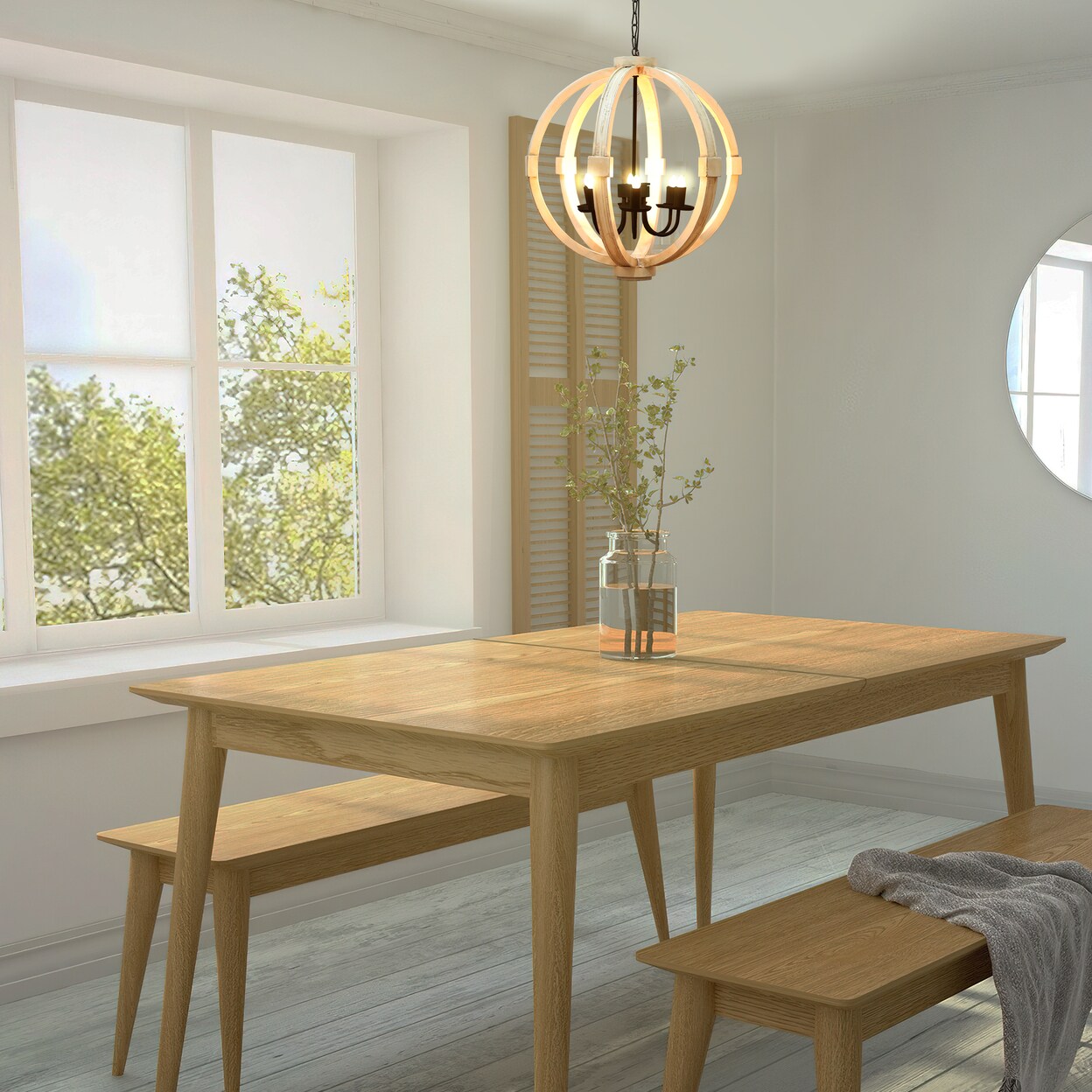 Saltoro Sherpi 26 Inch 6 Light Vintage Orb Chandelier, Mango Wood Frame, Distressed White-