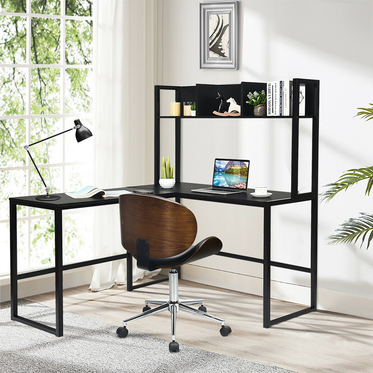 Costway 55&#x27;&#x27; L-Shaped Desk Corner Computer Desk w/Hutch Black